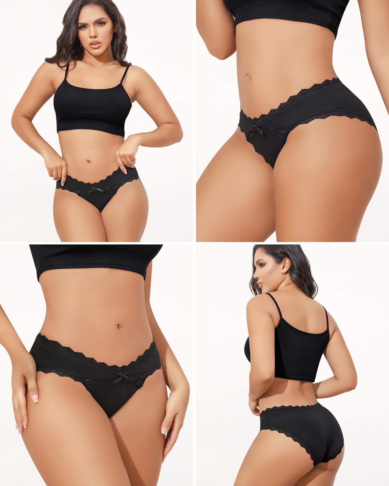 LEVAO 6 Pack Black Cotton Underwear for Women Lace Cheeky Bikini Panties Stretch Soft Hipster Ladies Briefs S-XXL