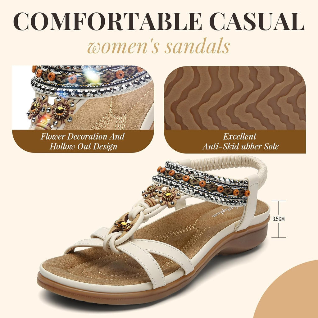 Littleplum Womens Sandals Arch Support Bohemian T-Strap Flower Rhinestone Sandals Women's Non Slip Summer Beach Flat Sandals Cream White Size 8