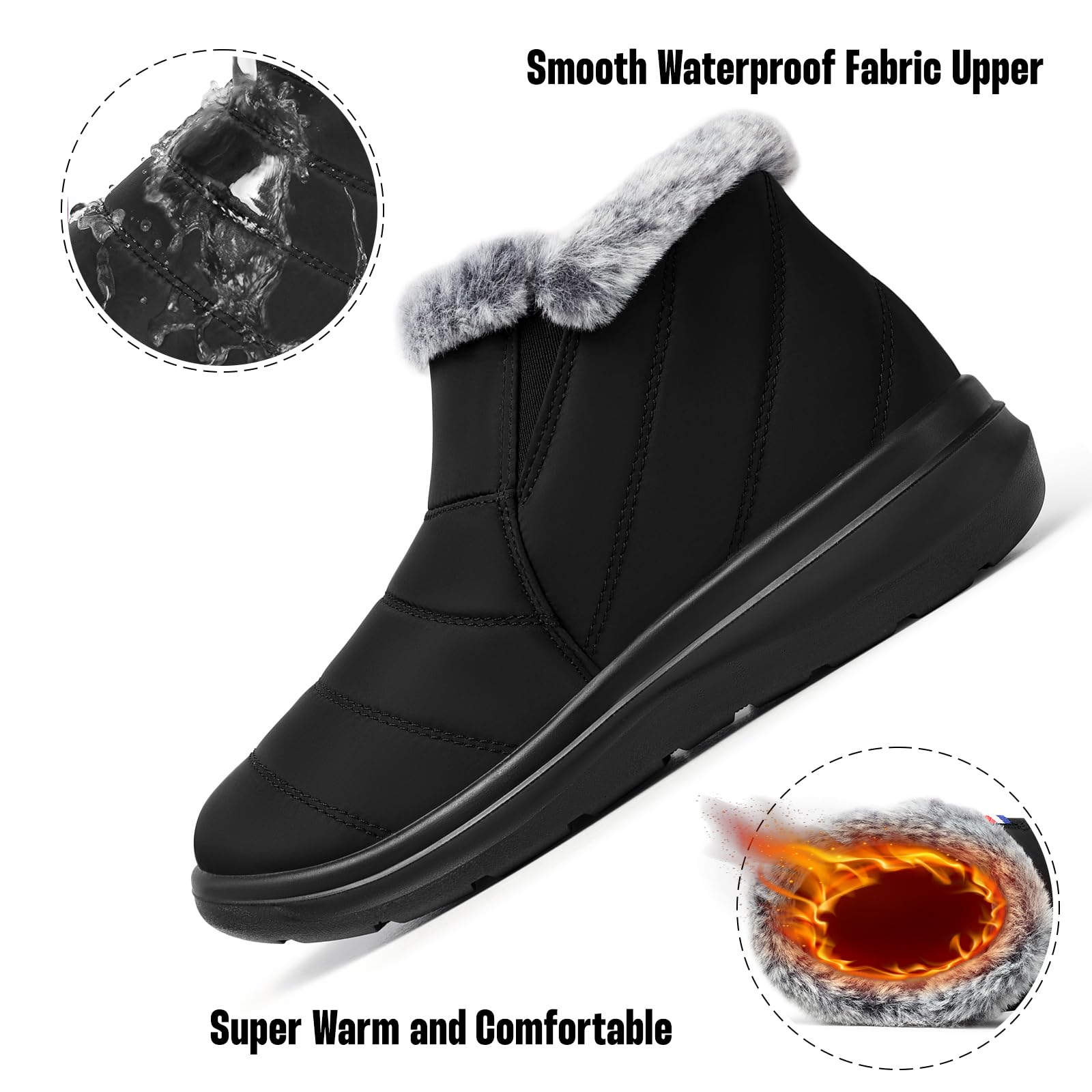 SHIBEVER Winter Waterproof Boots for Women: Snow Women Ankle Black Fur Lined Shoes Size 8 Slip On Warm Insulated Boot