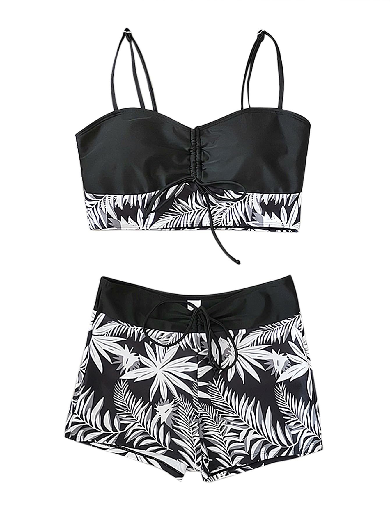 Lilosy Tummy Control Drawstring High Waisted Bikini Set String Swimsuit Spaghetti Strap Cami Top and Tie Side Shorts 2 Piece Women Bathing Suit Leaf Black Small