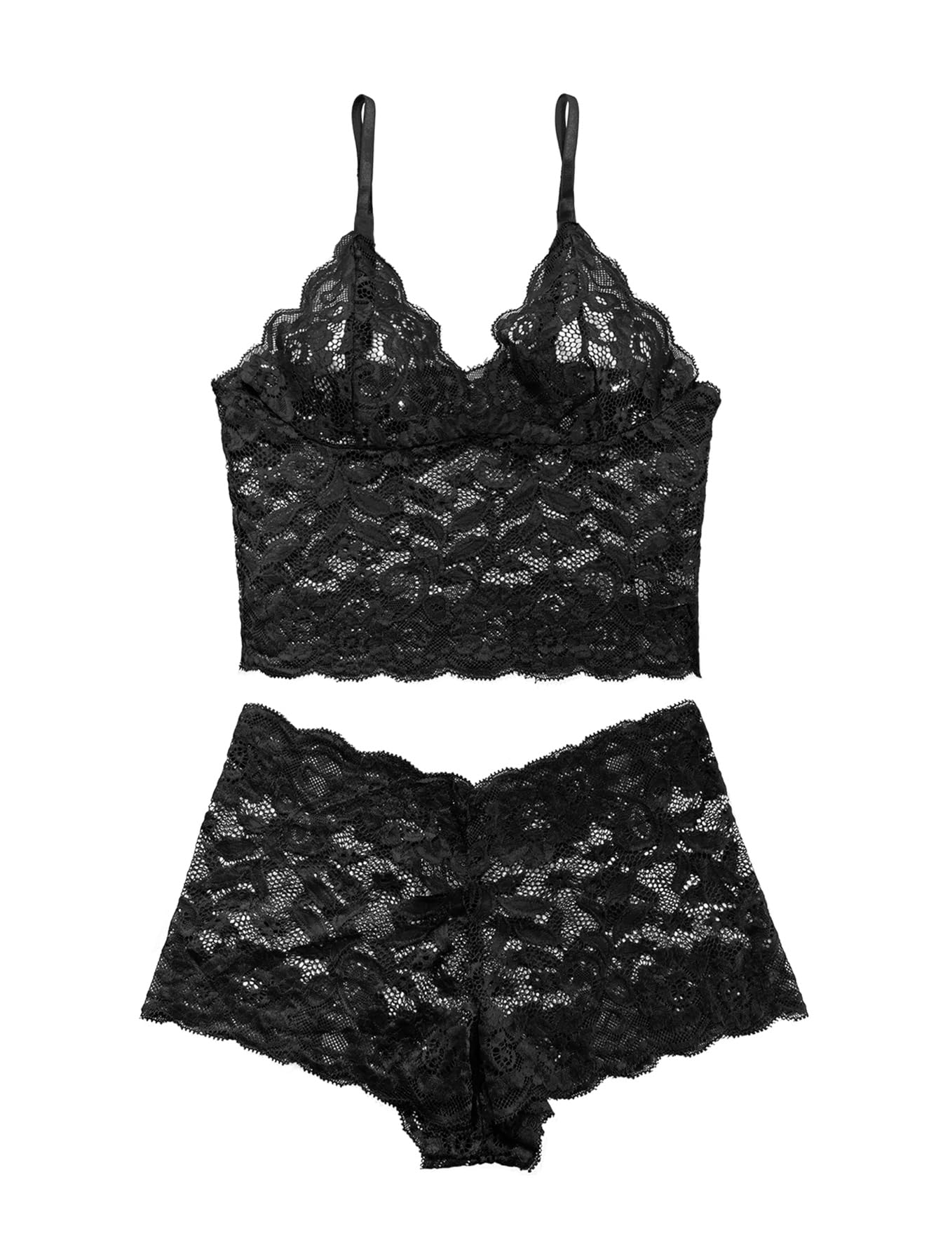 Lilosy Petite Sexy Women Floral Lace Pajamas Lingerie Set High Waist Sheer Sleepwear See Through Nightwear Cami Shorts Bra and Panty 2 Piece Black XXX-Small