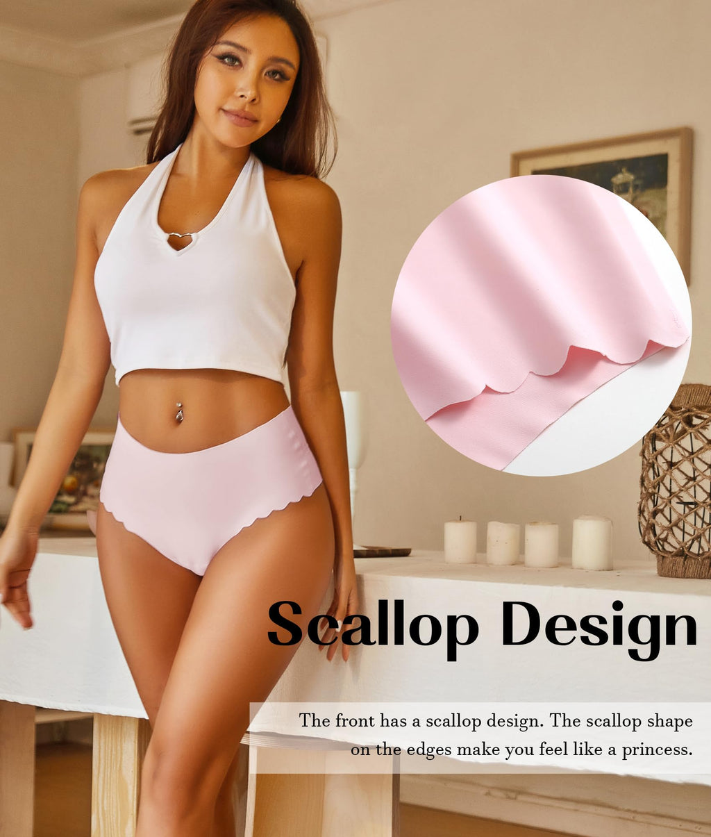 Sth Big High Waisted Seamless Underwear for Women No Show Panties Cheeky Scalloped Edge Bikini Breathable Briefs 6 Pack, Medium