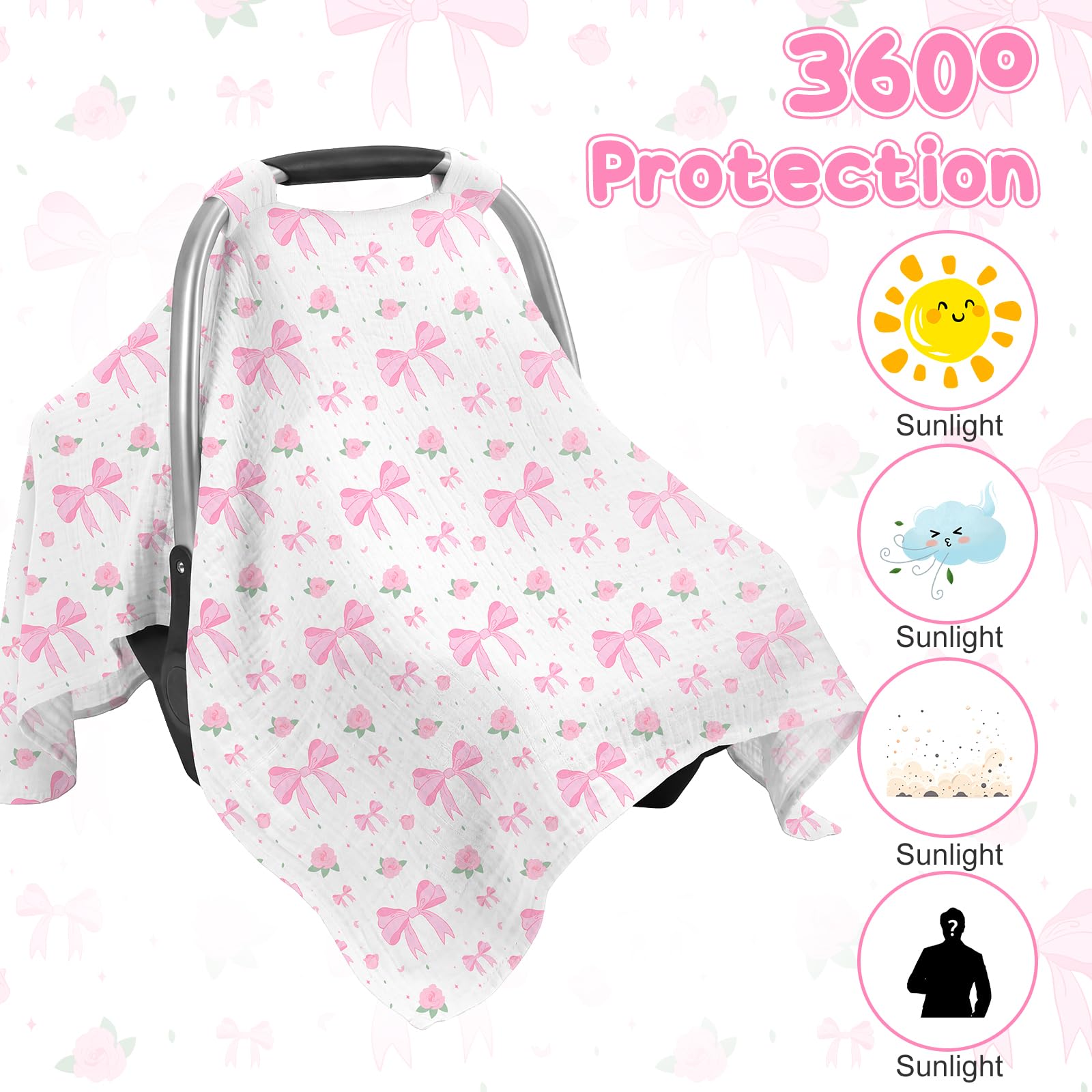 Car Seat Cover Baby, Muslin Cotton Infant Car Seat Canopy, Universal Baby Car Seat Cover, Breathable Nursing Cover Canopy Shower Gift