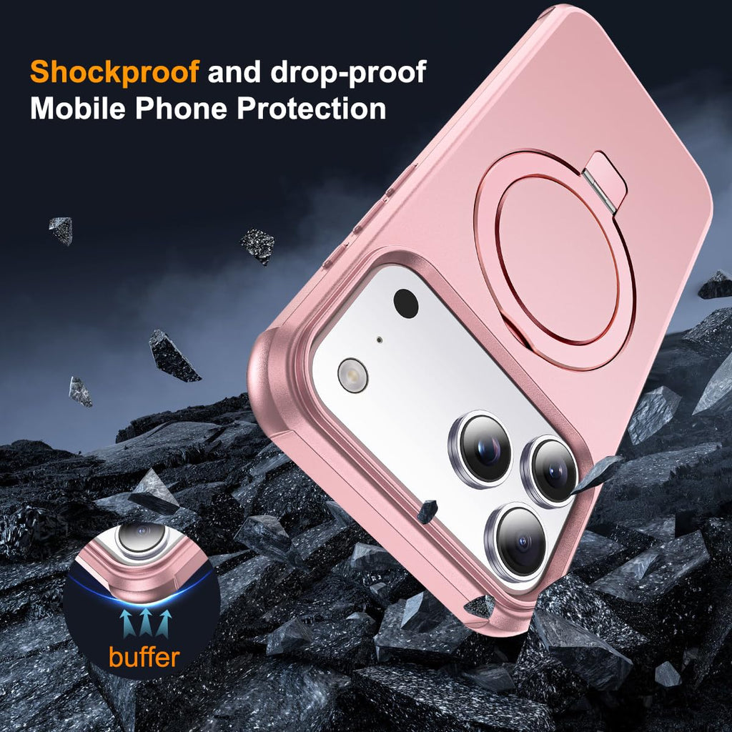 SKYLMW Phone Case Compatible with iPhone 17 Pro Case with Invisible Magnetic O-Ring Stand Military-Grade Phone Case for iPhone 17 Pro 6.3" [Compatible with Mag-Safe][Great Grip Feeling], Rose Gold