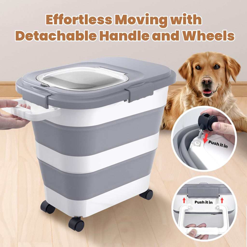 DDMOMMY 23-25 Lbs Airtight Dog Food Storage Container,Collapsible Dog Food Container with Lid,Wheels,Handle,Large Pet food storage Container with Scoop,Small Food Container for Dog Cat