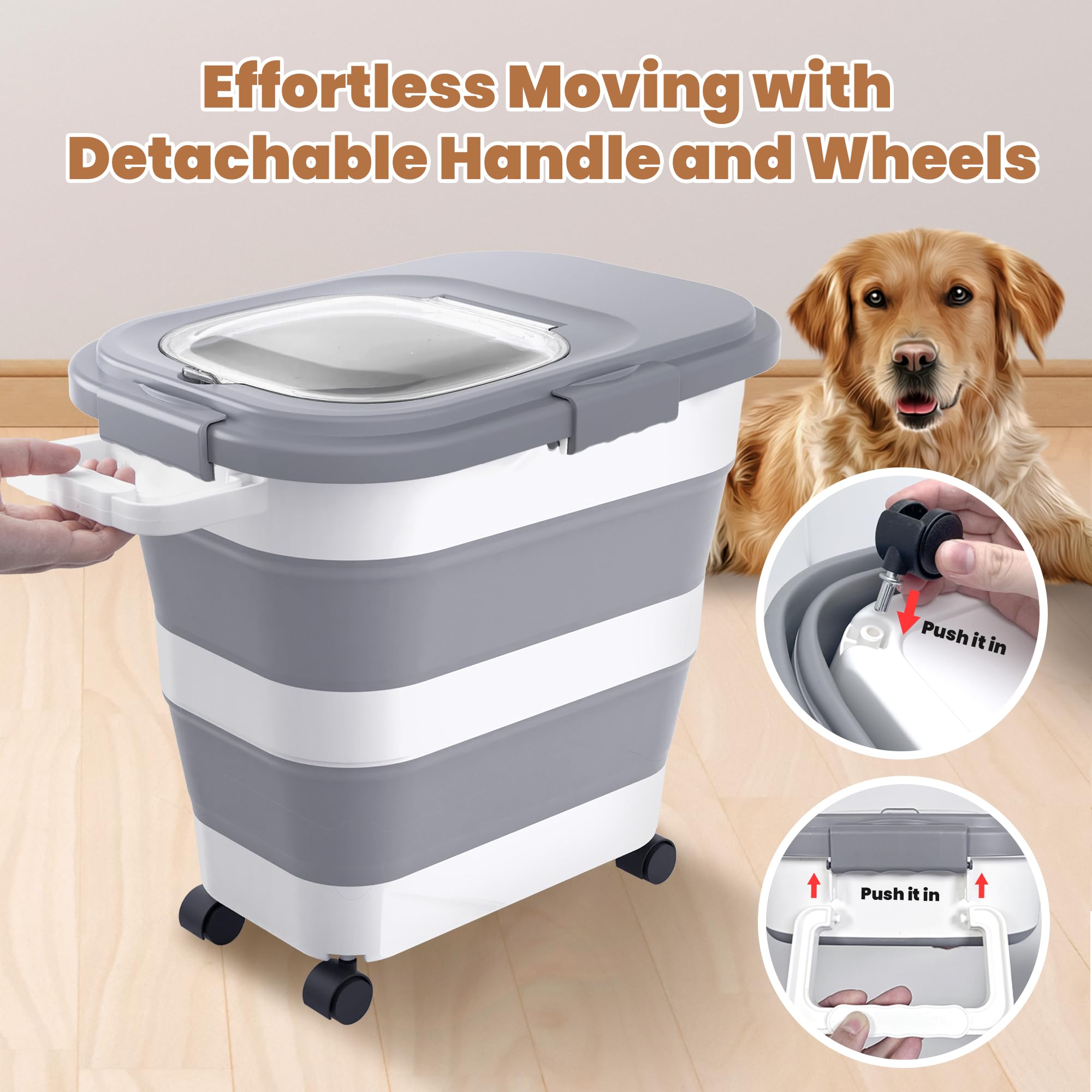 DDMOMMY 23-25 Lbs Airtight Dog Food Storage Container,Collapsible Dog Food Container with Lid,Wheels,Handle,Large Pet food storage Container with Scoop,Small Food Container for Dog Cat