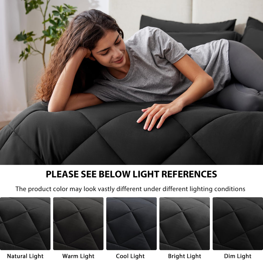 Love's cabin King Size Comforter Set Black, 7 Pieces King Bed in a Bag, All Season Bedding Sets with 1 Comforter, 1 Flat Sheet, 1 Fitted Sheet, 2 Pillowcase and 2 Pillow Sham