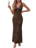 Caracilia Women Floral Maxi Dress 2026 Summer Mesh Deep V Neck Bodycon Formal Wedding Guest Cocktail Prom Party Long Dresses Coffee Large