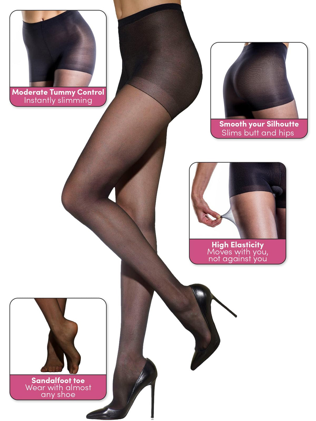 Silkies Women's Control Top Pantyhose with Run Resistant Light Support Legs (2-Pair Pack) Jet Black Stockings for Women - Sheer Tights & Pantyhose - Nylon Stockings for Women, Large