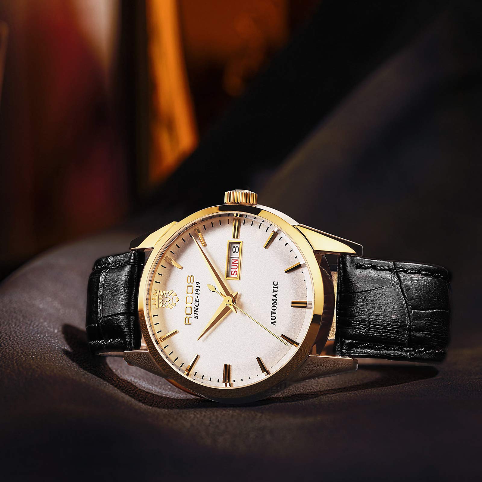 ROCOSJEWE R0101 Men's Automatic Mechanical Watch Golden Luxury Watch for Men Classic Retro Wristwatch Day Date Black Leather Strap Dress Watches Waterproof Gift for Men Fashion Business