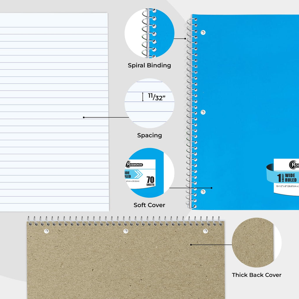 Rosmonde 12 Pack Spiral Notebooks, 1 Subject Notebook, Wide Ruled, Assorted