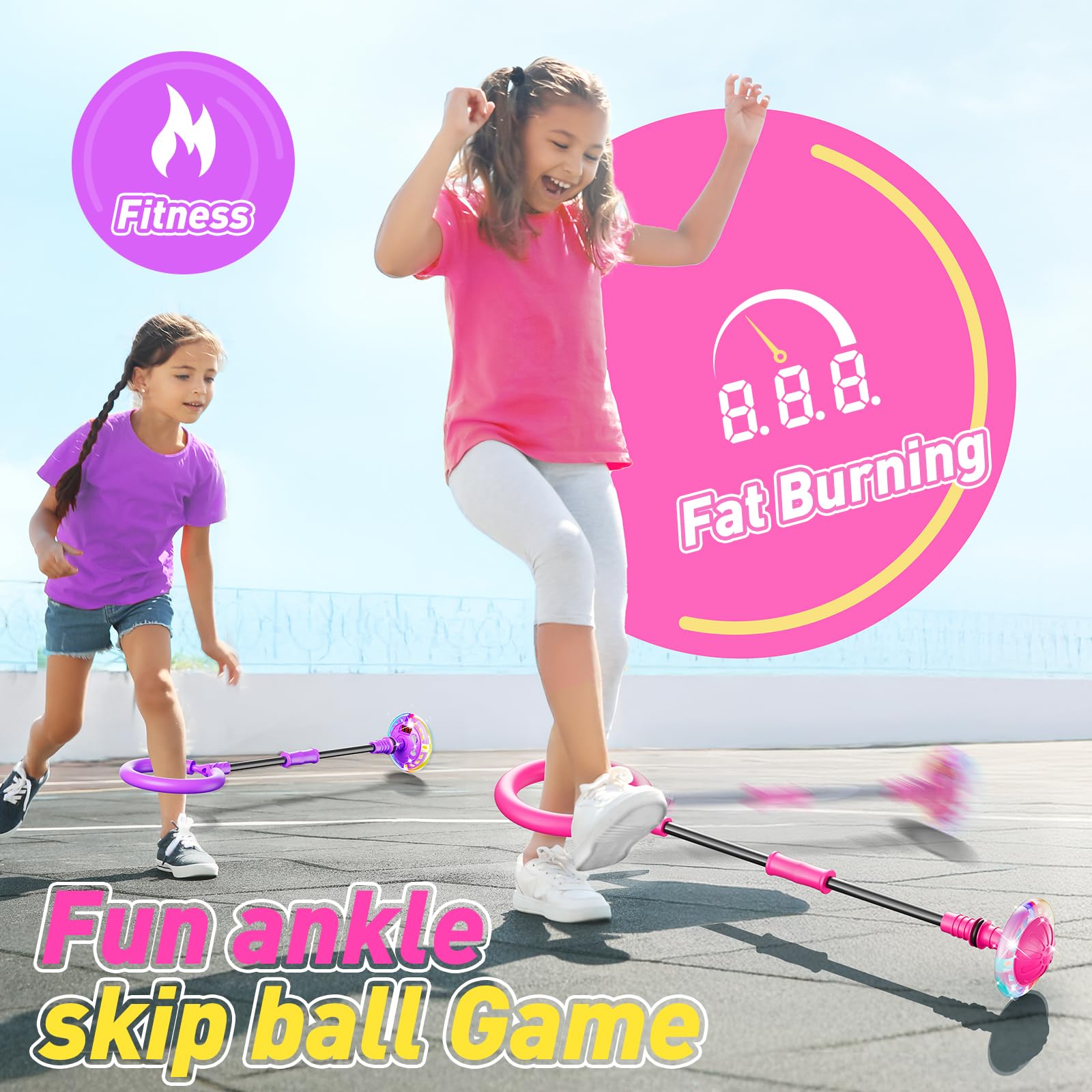 Flooyes Skip Ball for Kids, Ankle Skip Ball Toy with Counter, Timer and Cal Calculator, Girl Birthday Gifts for Age 6 7 8 9 10+, Rechargeable Colorful Flash Wheel Skip Ball for Girls