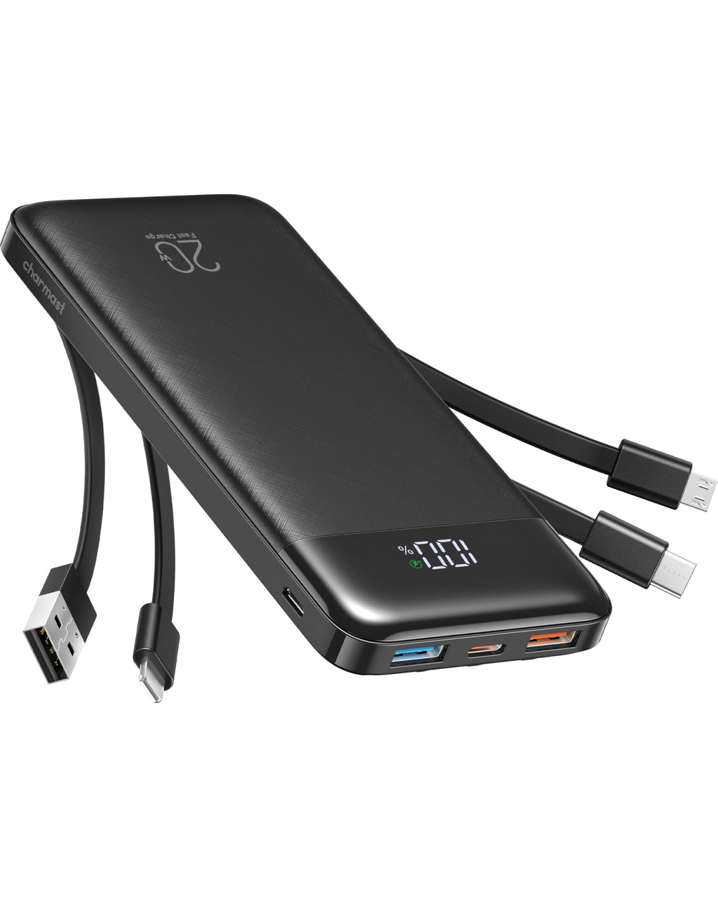 charmast 20000mAh Portable Charger with Built in Cables, 22.5W Travel Power Bank Fast Charging, USB C Cell Phone Battery Pack for iPhone 16/15/14/13/12/11 Series, iPad, Samsung, Android, Tablet