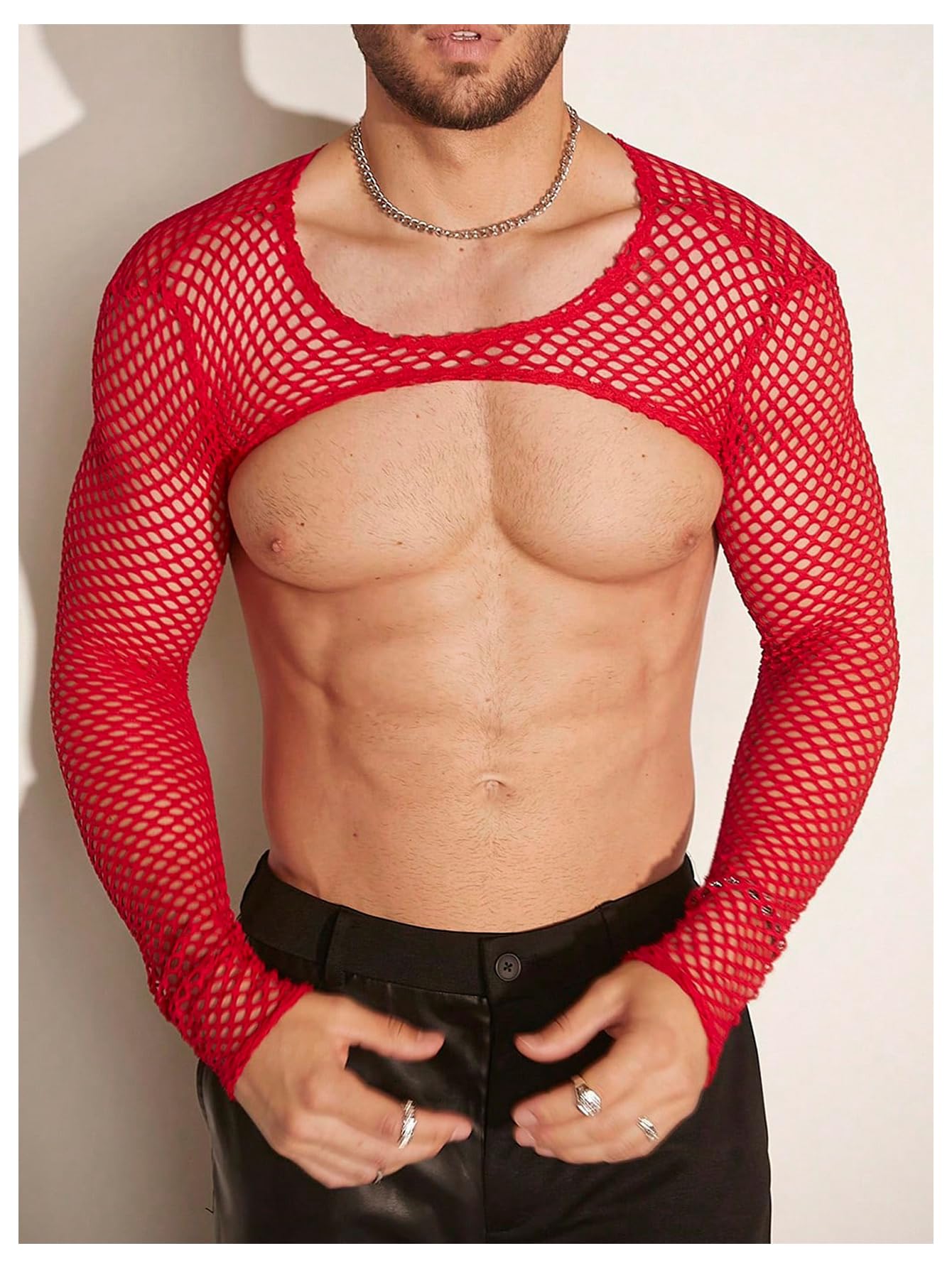 WDIRARA Men's Fishnet Sheer Mesh Long Sleeve T-Shirt Crop Top Slim Fit Party Tee Tops Red Small