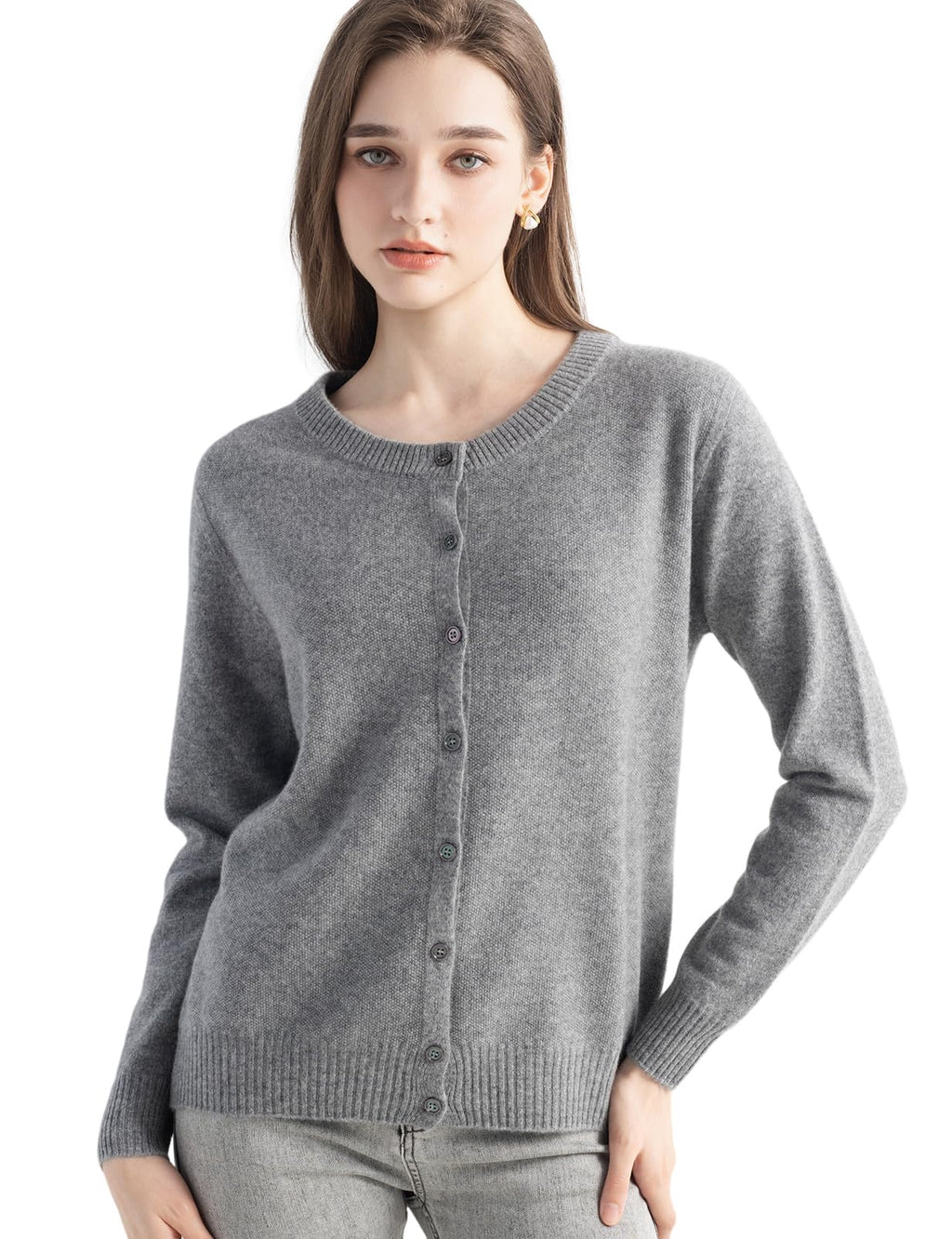 Chanyarn Women's 100% Pure Cashmere Cardigan Crew Neck Long Sleeve 2025 Fall Winter Warm Soft Knit Cardigan Sweater (Grey17177,M)
