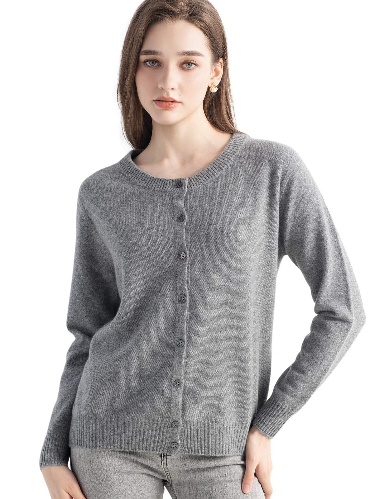 Chanyarn Women's 100% Pure Cashmere Cardigan Crew Neck Long Sleeve 2025 Fall Winter Warm Soft Knit Cardigan Sweater (Grey17177,M)