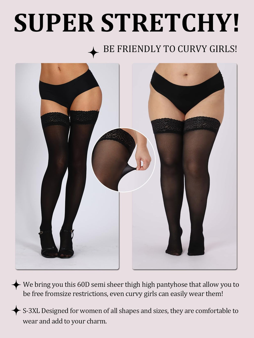 MERYLURE 60D Semi Sheer Thigh High Stockings for Women Lace Top Stay Up Lingerie Pantyhose Hold Up Nylon