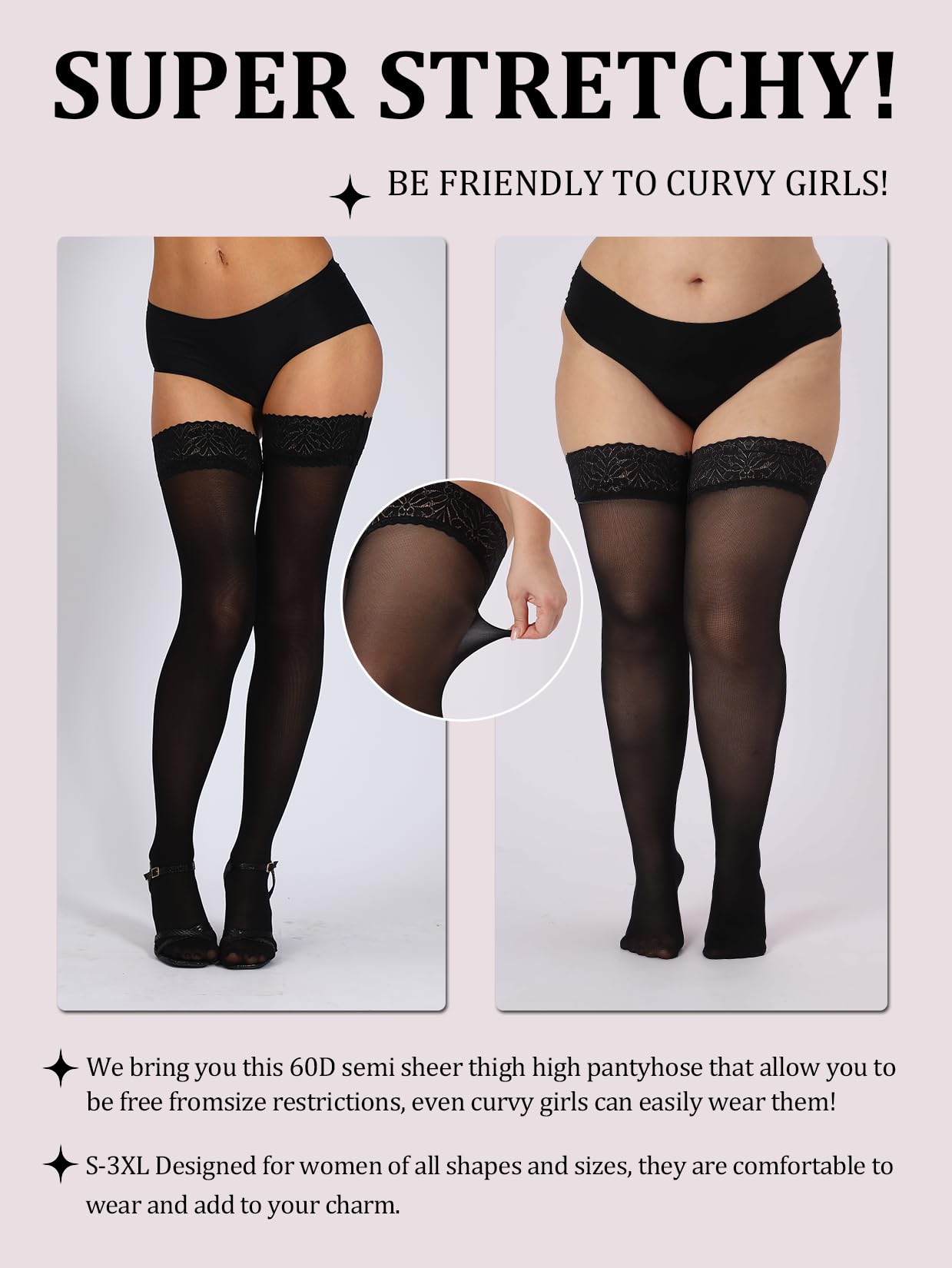 MERYLURE 60D Semi Sheer Thigh High Stockings for Women Lace Top Stay Up Lingerie Pantyhose Hold Up Nylon