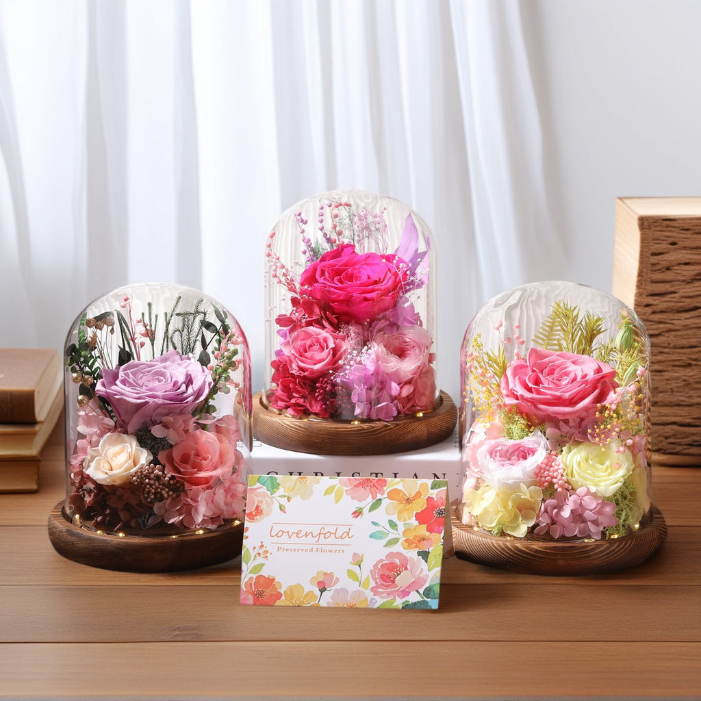 LOVENFOLD Flowers for Delivery Preserved Flowers with LED Light in a Glass Dome,Long Lasting Forever Roses Birthday Gifts for Women Daughter Mom Wife Friend（Reddish Rose）