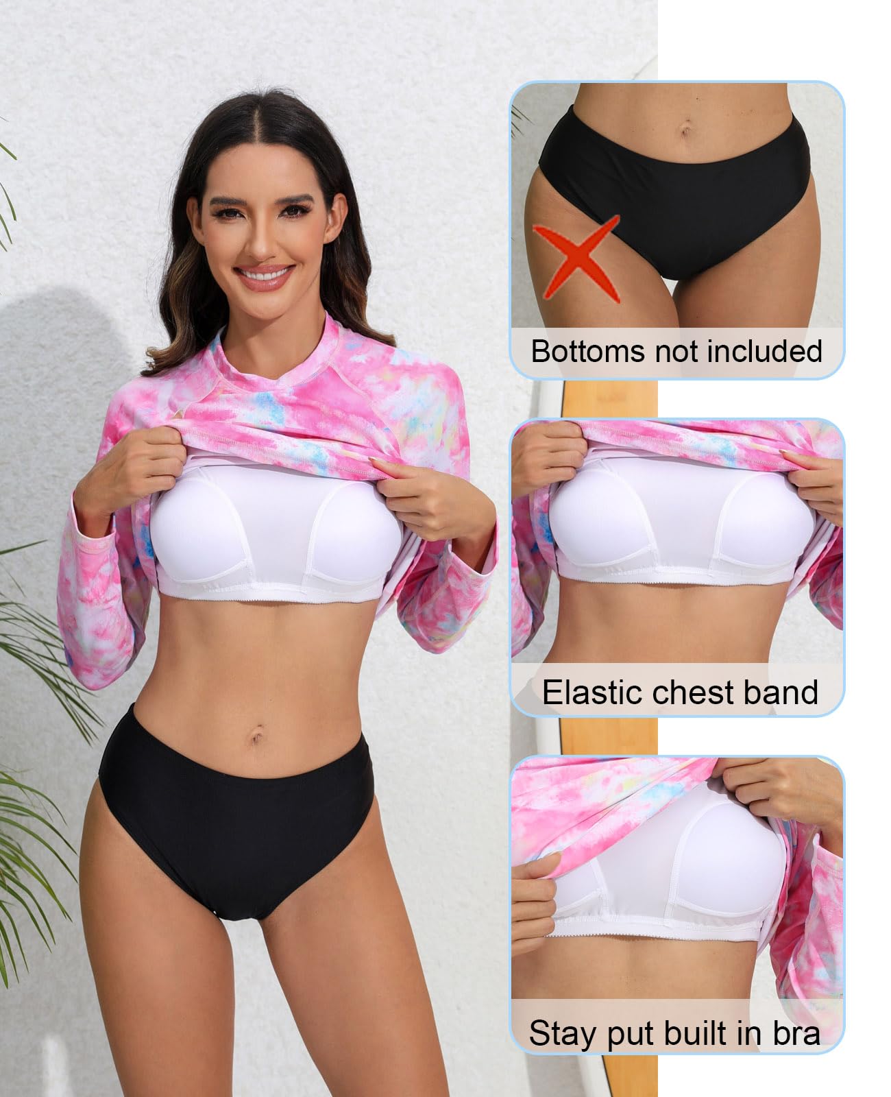 Halcurt Womens Long Sleeve Rash Guard Swim Shirts with Built in Bra UPF50+ Sun Protection Swimsuit Top Pink Tie Dye M
