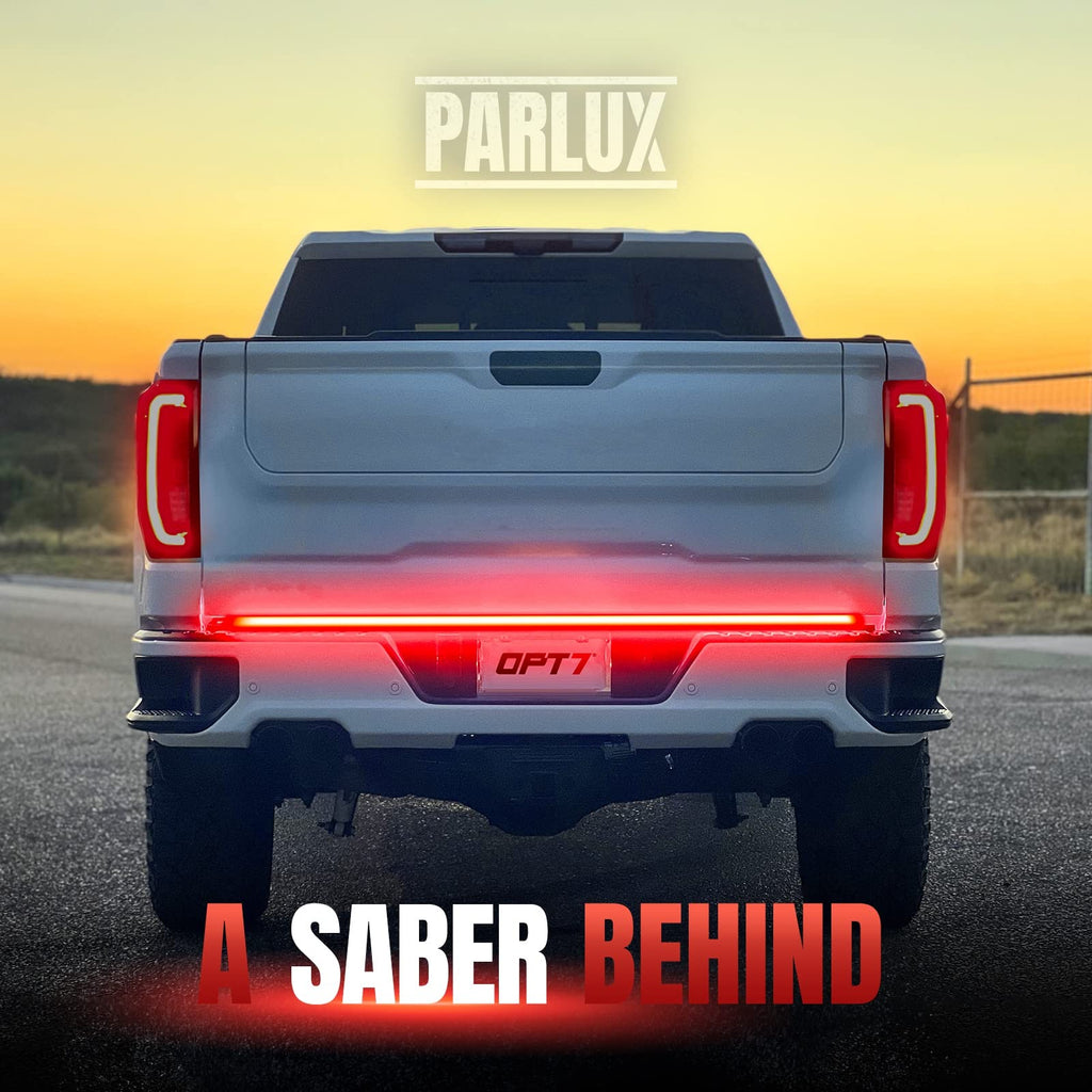 OPT7 Redline Parlux 60" Aluminum Truck Tailgate Light Bar w/Sequential Red Turn - Rigid 2-Section Triple Row LED Light Strip w/Ignition Sequence, Red Running Brake, Triple-Flash White Reverse