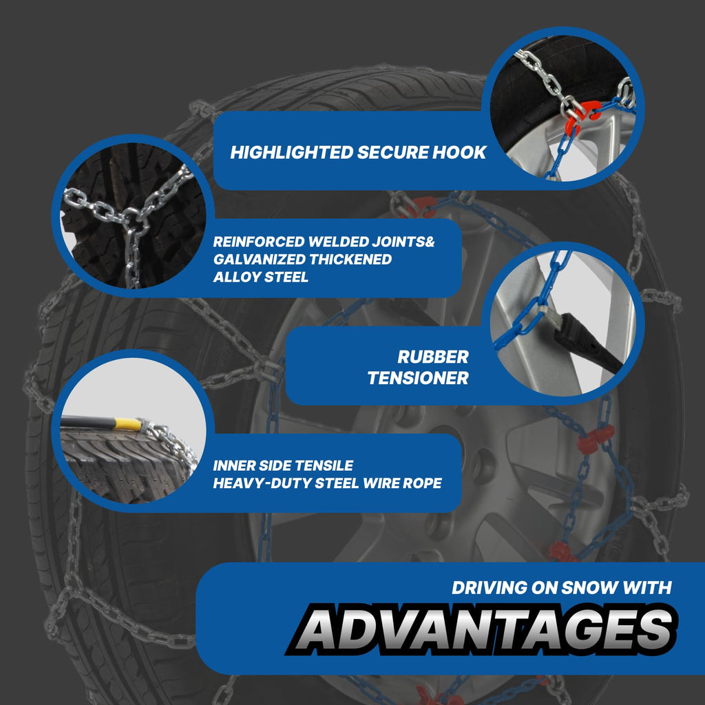 Snow Chains for Car Tires, Tire Chains for Passenger Cars, Sedan, SUVs, Quick Fit & Easy Installation Snow Tire Chains, Portable Reusable Emergency Tire Traction Chain, Set of 2 (HP1555)