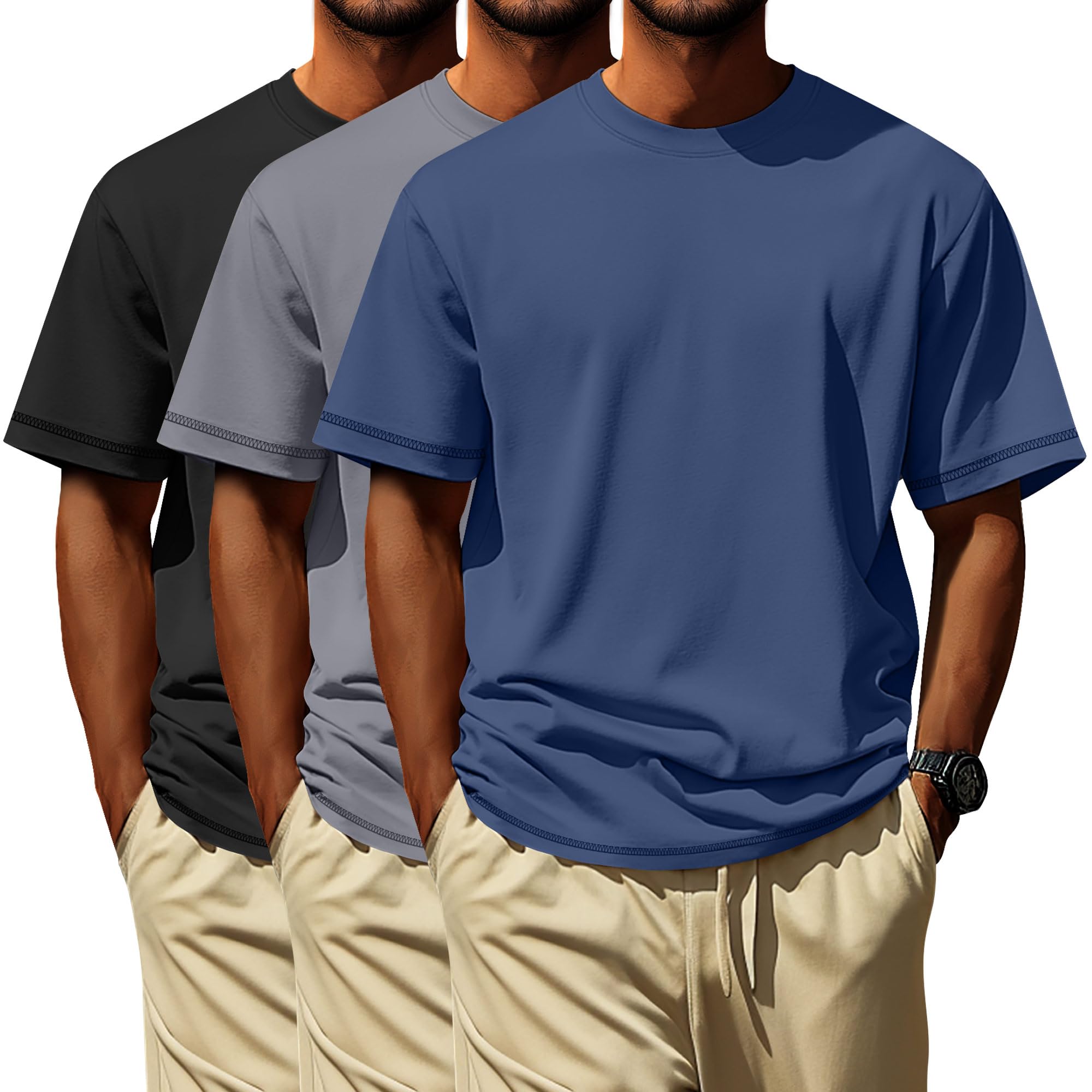 Neer 3 Pack Big and Tall Shirts for Men L-7xl, Short Sleeve Men Crewneck Tops Loose Casual Large T-Shirts Summer Basic Tee(Black, Light Gray, Blue,4X-Large)