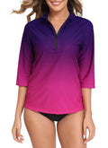 Halcurt Women's 3/4 Sleeve Rash Guard Swimsuit Top High Neck Half Zip Swim Shirt Only UPF50+ Quick Dry Bathing Suit Purple M