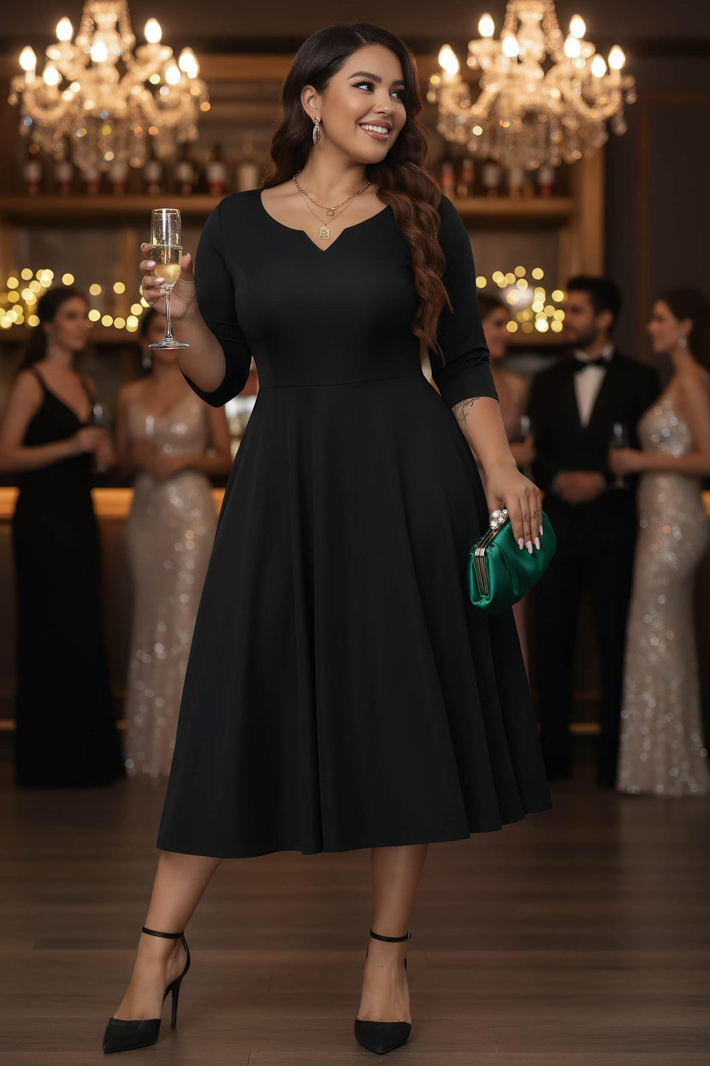 Runwind Plus Size Black Dresses for Curvy Women Fit and Flare Swing Semi Formal Cocktail Wedding Guest Party Dress Black 5XL