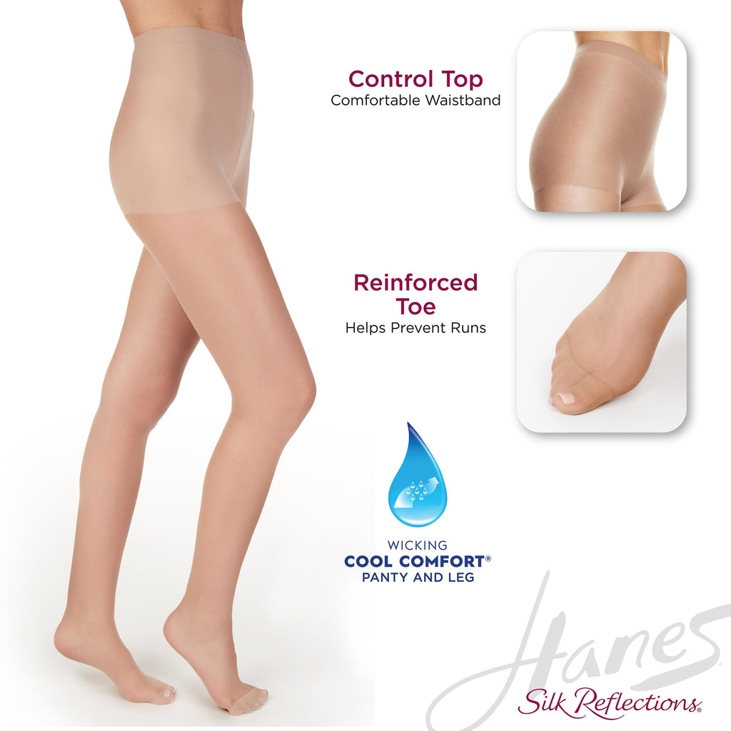 Hanes Silk Reflections Control Top Reinforced Toe Silky Sheer Pantyhose, Jet, Size AB (Pack of 1)