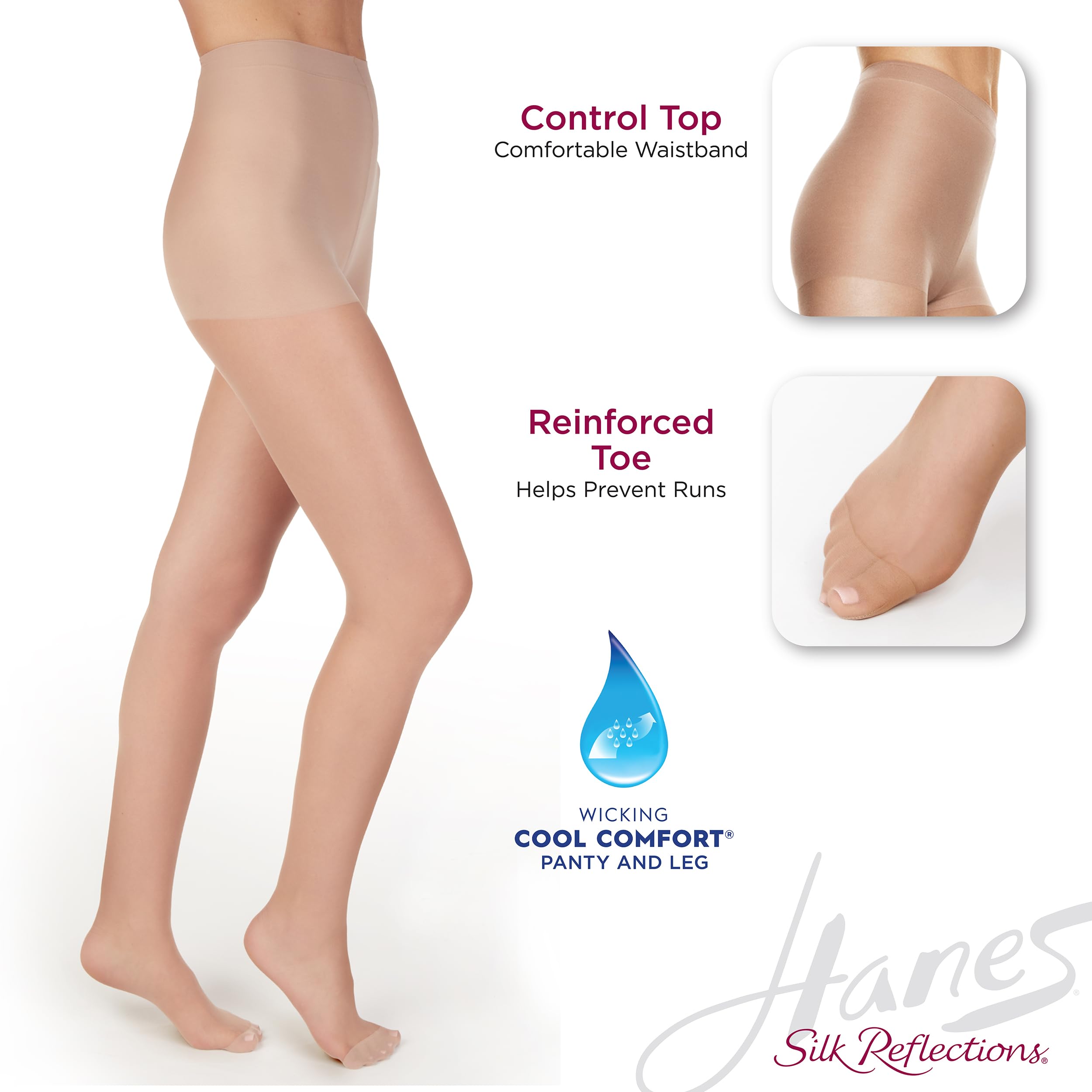 Hanes Silk Reflections Control Top Reinforced Toe Silky Sheer Pantyhose, Jet, Size AB (Pack of 1)