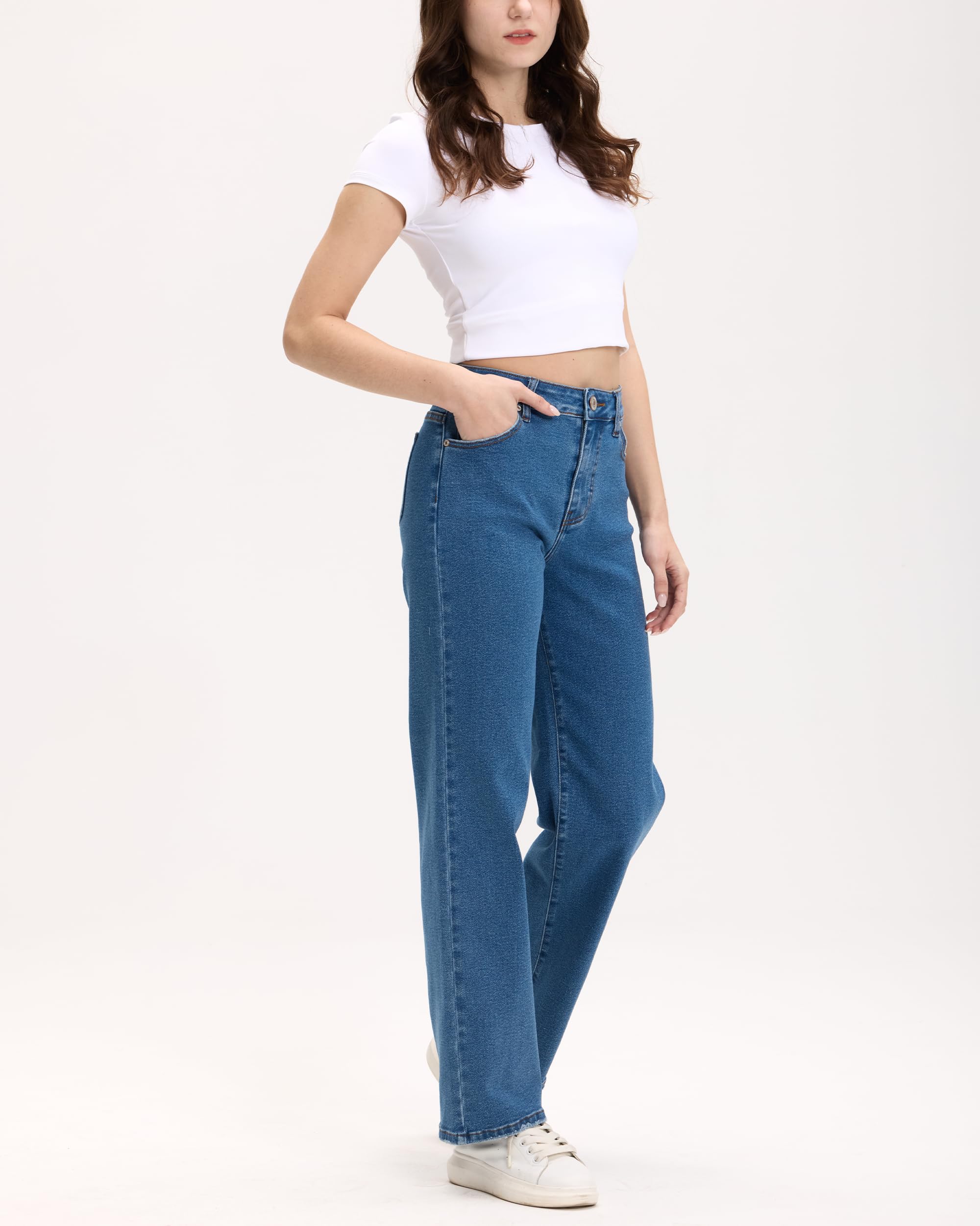 Lilac Sunset High-Rise Wide Leg Jeans for Women Juniors, Relaxed Fit Stretch Denim, Medium Blue