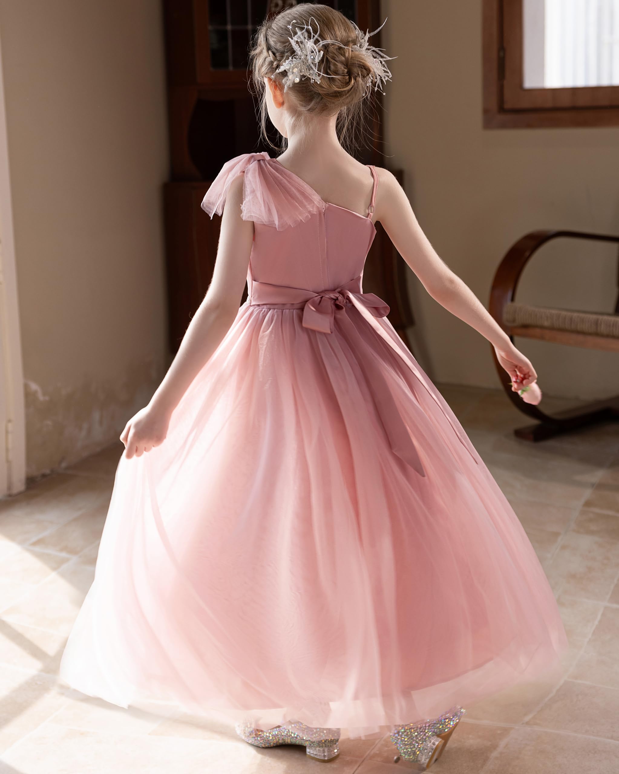 GetWish Tulle Flower Girls Dress One Shoulder Formal Princess Wedding Pageant Birthday Party Holiday Ball Gown Dresses