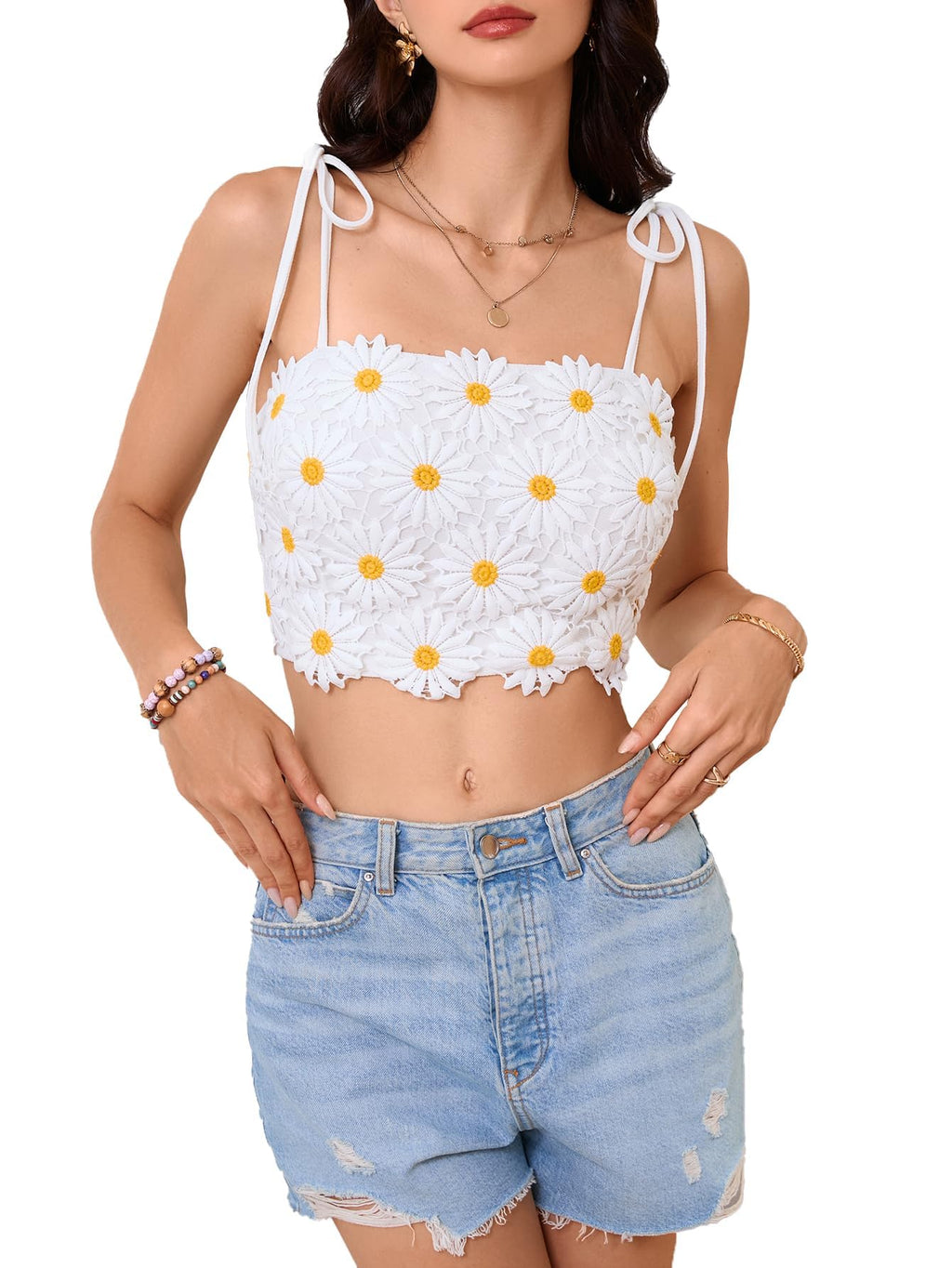 WDIRARA Women's Boho Daisy Floral Guipure Crop Top 3D Flower Tie Shoulder Square Neck Cute Cami Top White Large