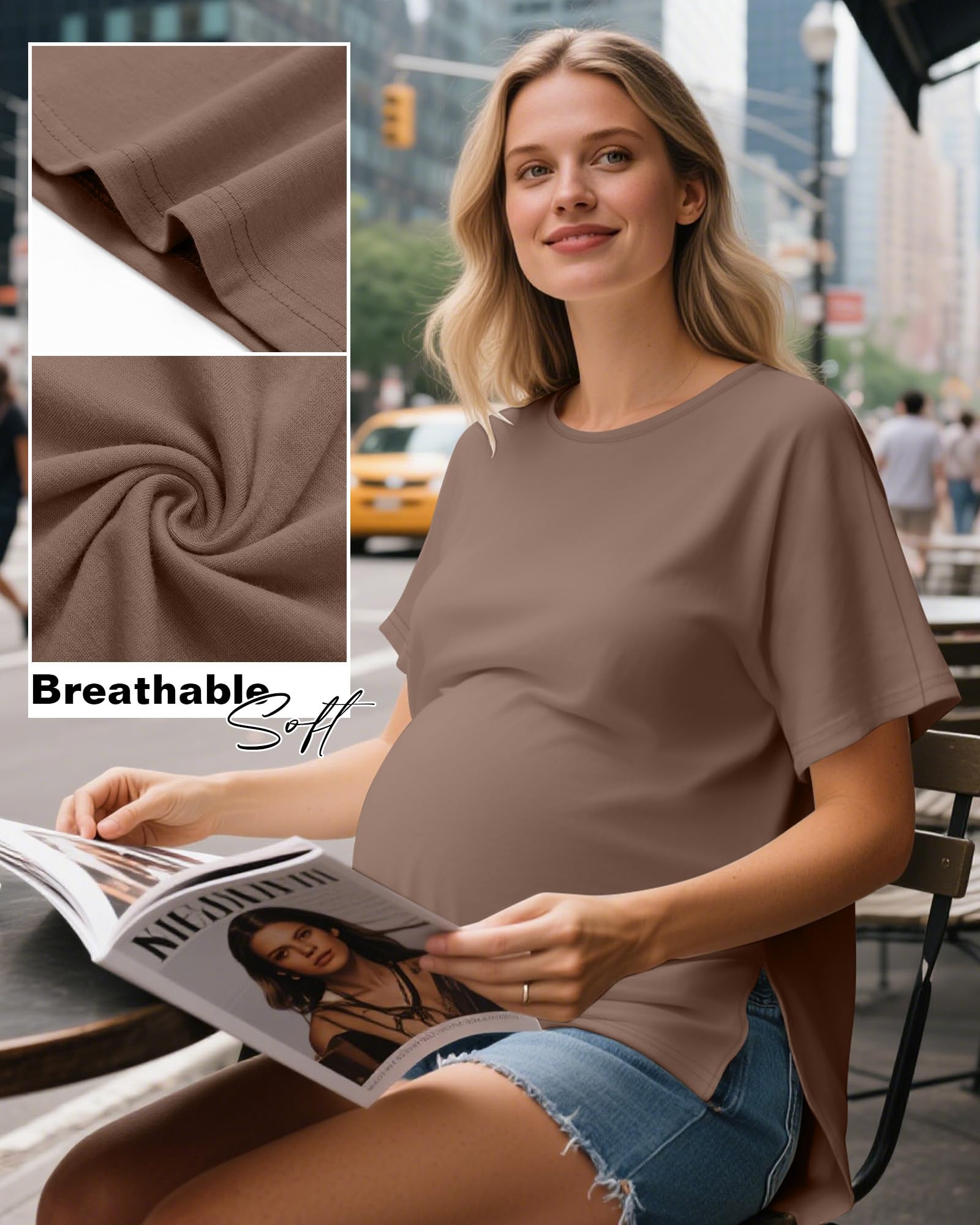 Huukeay 3 Pack Women's Maternity Shirts Loose Fit Pregnancy Tunic Tops Split Side Casual Summer Oversized Pregnancy Clothes(Coffee, White, Black,XX-Large)