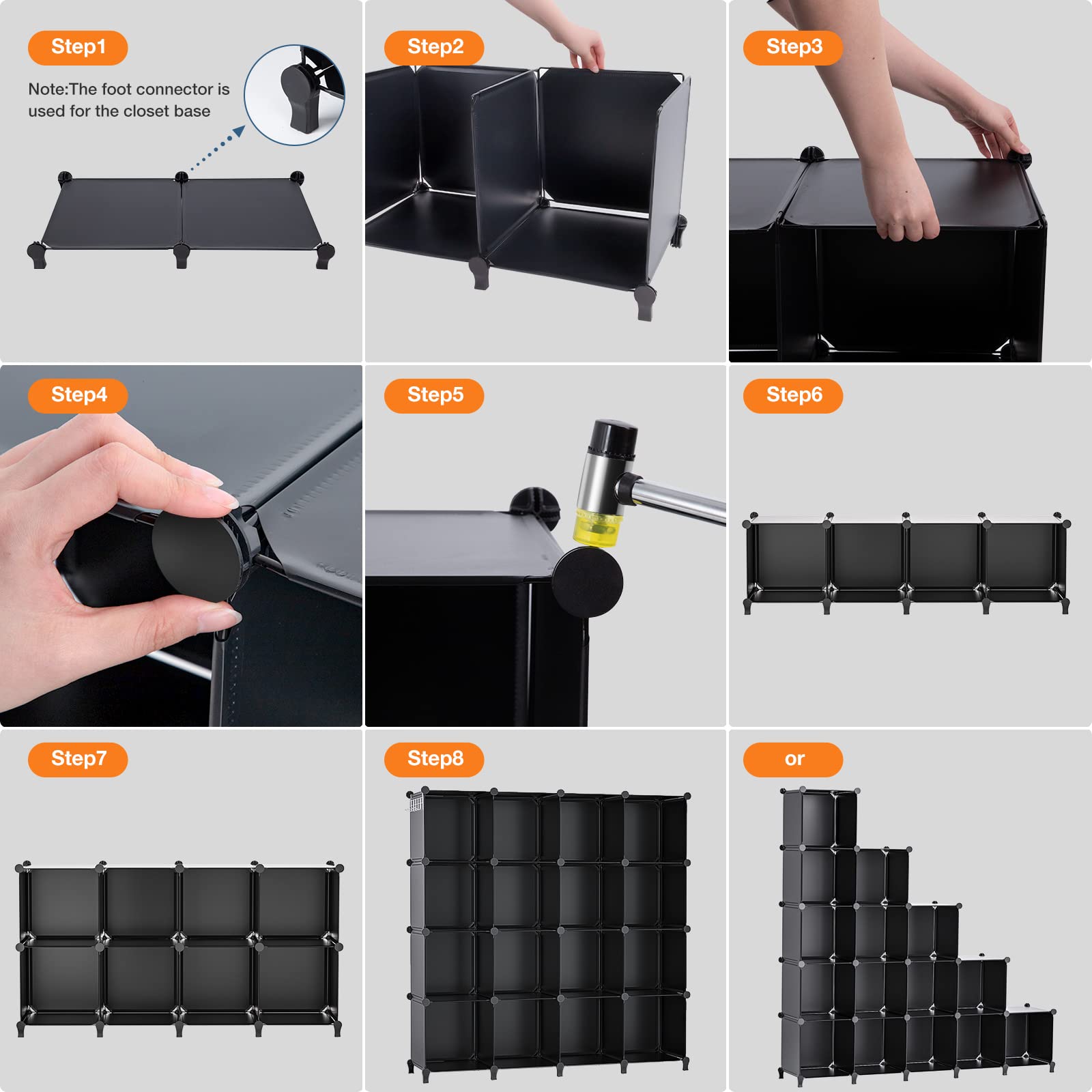 Neprock 16 Cubby Storage Organizer, Closet Clothes Storage Organizer, Cube Shelves Closet Organizers and Storage Shelves for Clothing Storage with Hammer, Bookshelf for Kids（Black）