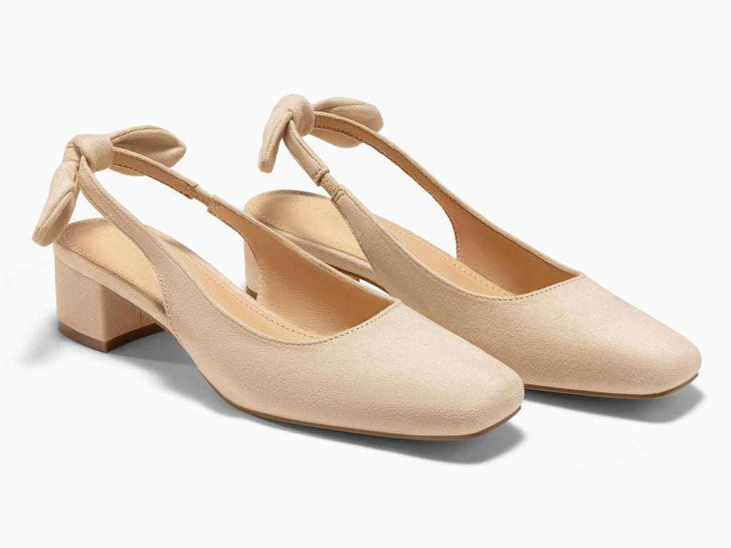 Coutgo Womens Chunky Low Heels Bow Slingback Pumps Closed Square Toe Wedding Party Dress Shoes, Apricot, Size 6