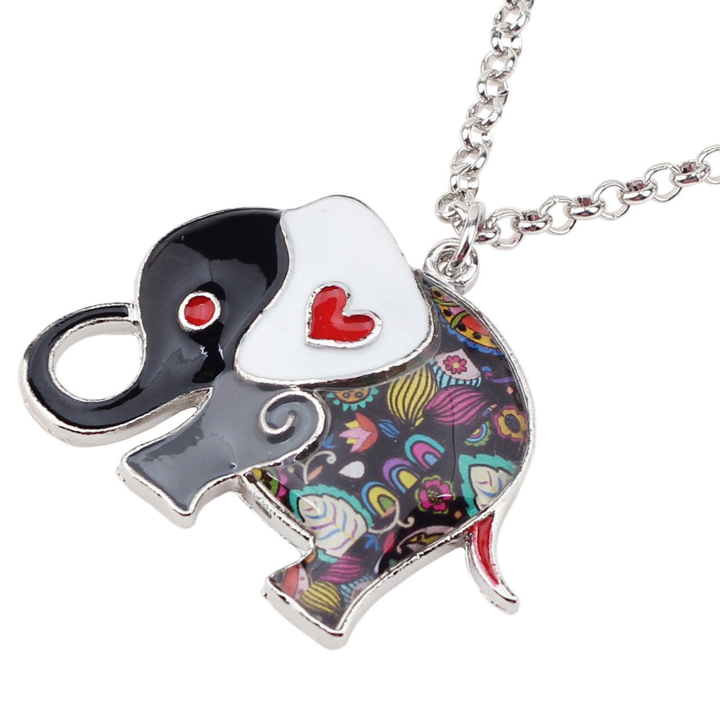BONSNY Enamel Alloy Floral Heart Lover Elephant Necklace Pendant For Women Lucky Gift (Grey)
