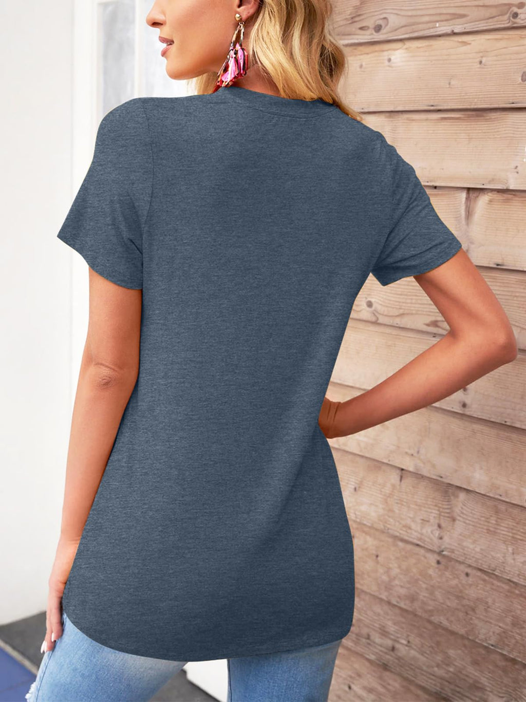 TAKEYAL Graphic Tees for Women Map Count Tree Print Short Sleeve T Shirts Summer Casual Tee Beach Vacation Top (Blue Gray, L)