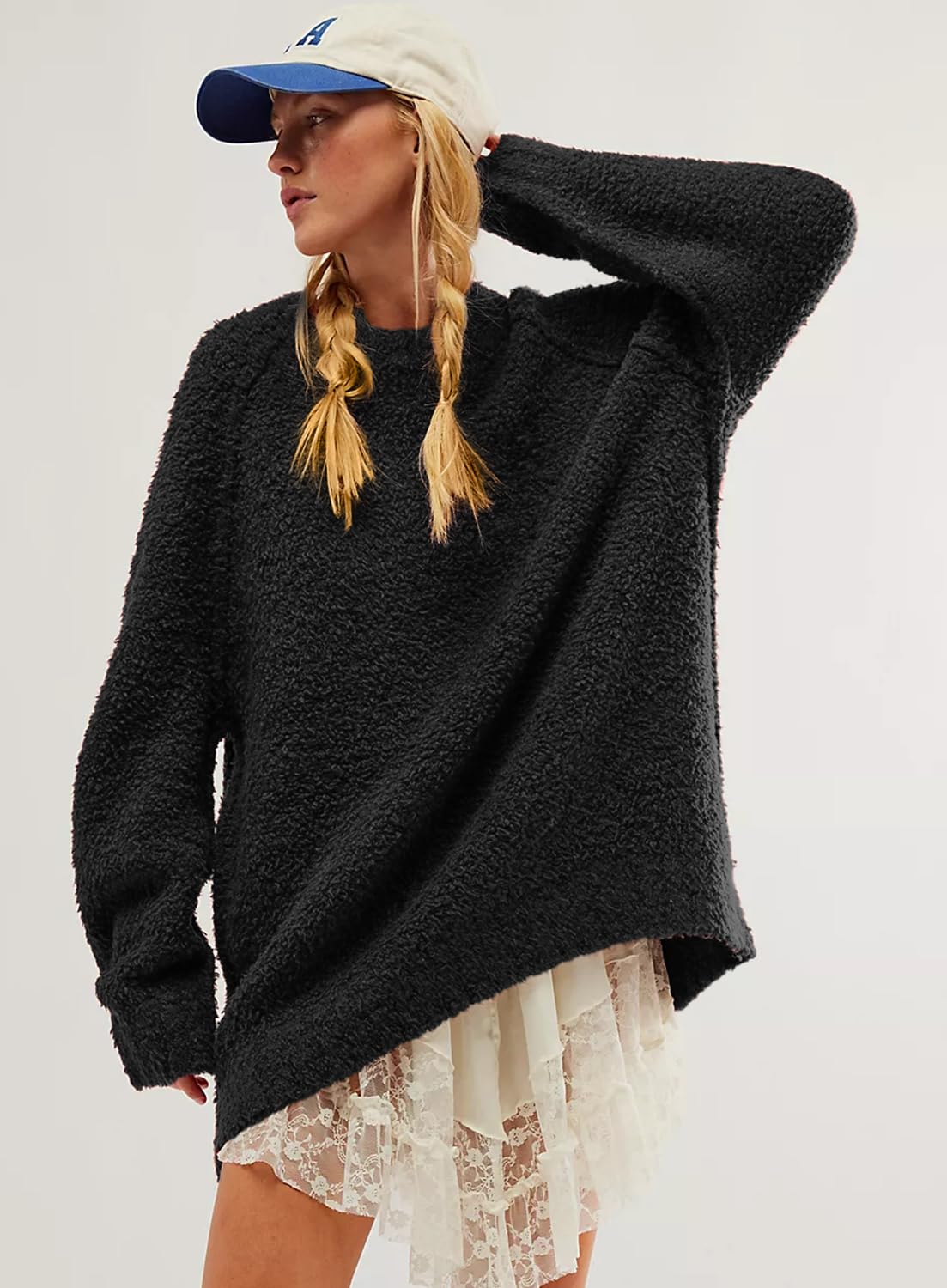 Women's Crew Neck Oversized Sweaters 2025 Fall Batwing Sleeve Pullover Tunic Sweater 6108 Black M