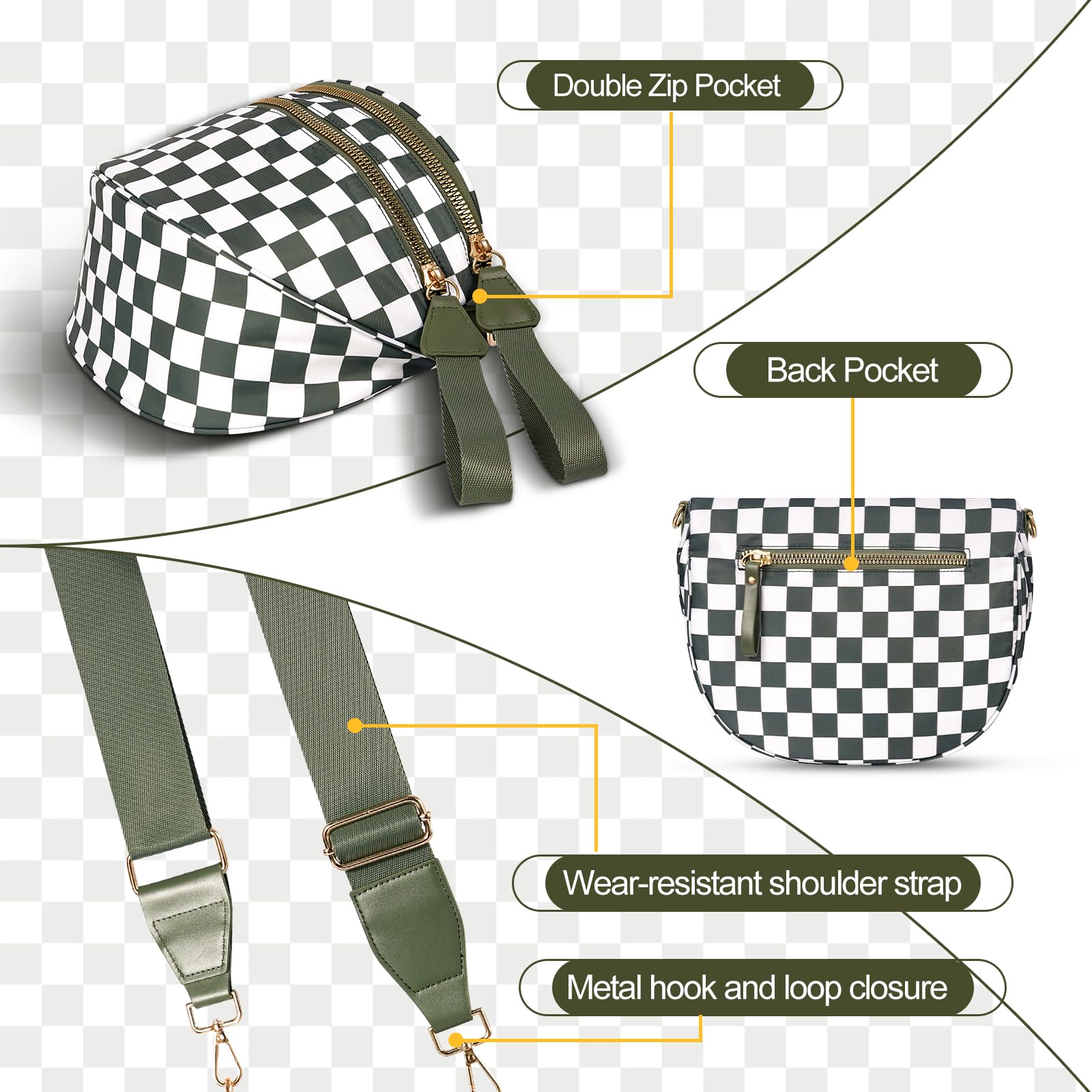 idoltimes Checkered Crossbody Bag,Nylon Bum Bags for Women Crossbody,Spacious Sling Bag Purse Fanny Packs with Shoulder Strap