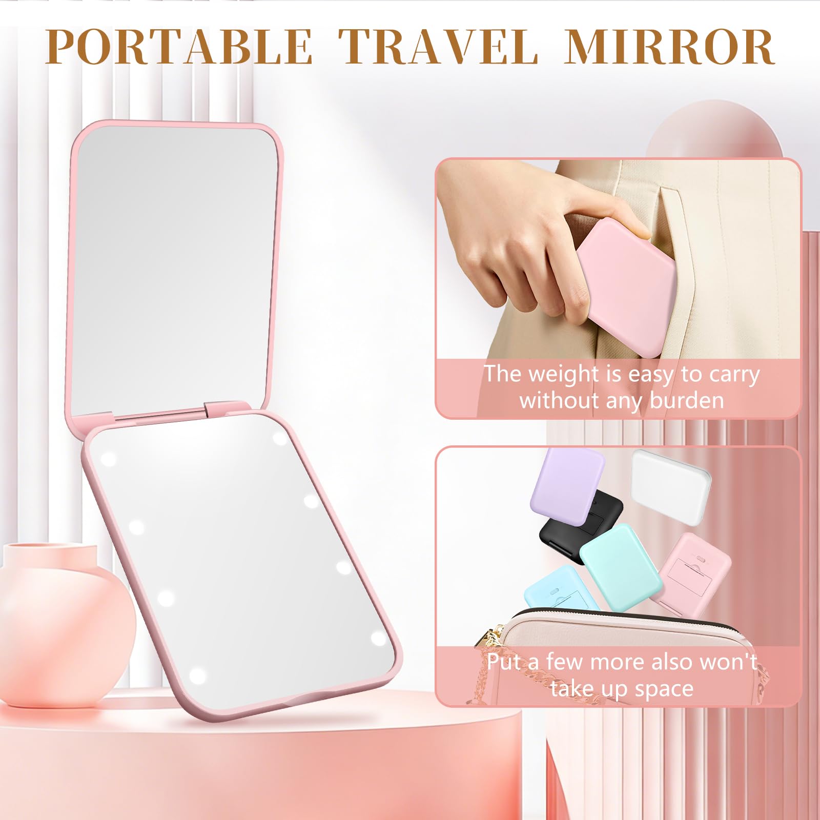 Kakuje Compact Mirror, 1X/3X Magnification LED Pocket Mirror with Nternal BIattery, Mini Mirror for Purse, Pocket,Travel and Present (Pink)