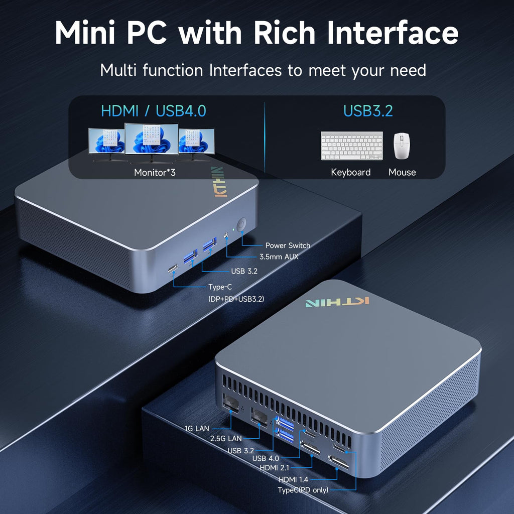 KTHIN Mini PC 13th Gen i5-1340P (up to 4.6GHz), 16GB DDR5 RAM 1TB PCIe4.0 SSD Mini Gaming PC, Dual LAN/Triple Display/USB4.0/WiFi 6/BT5.2/VESA Mount, Mini Desktop Computer for Office Home Business