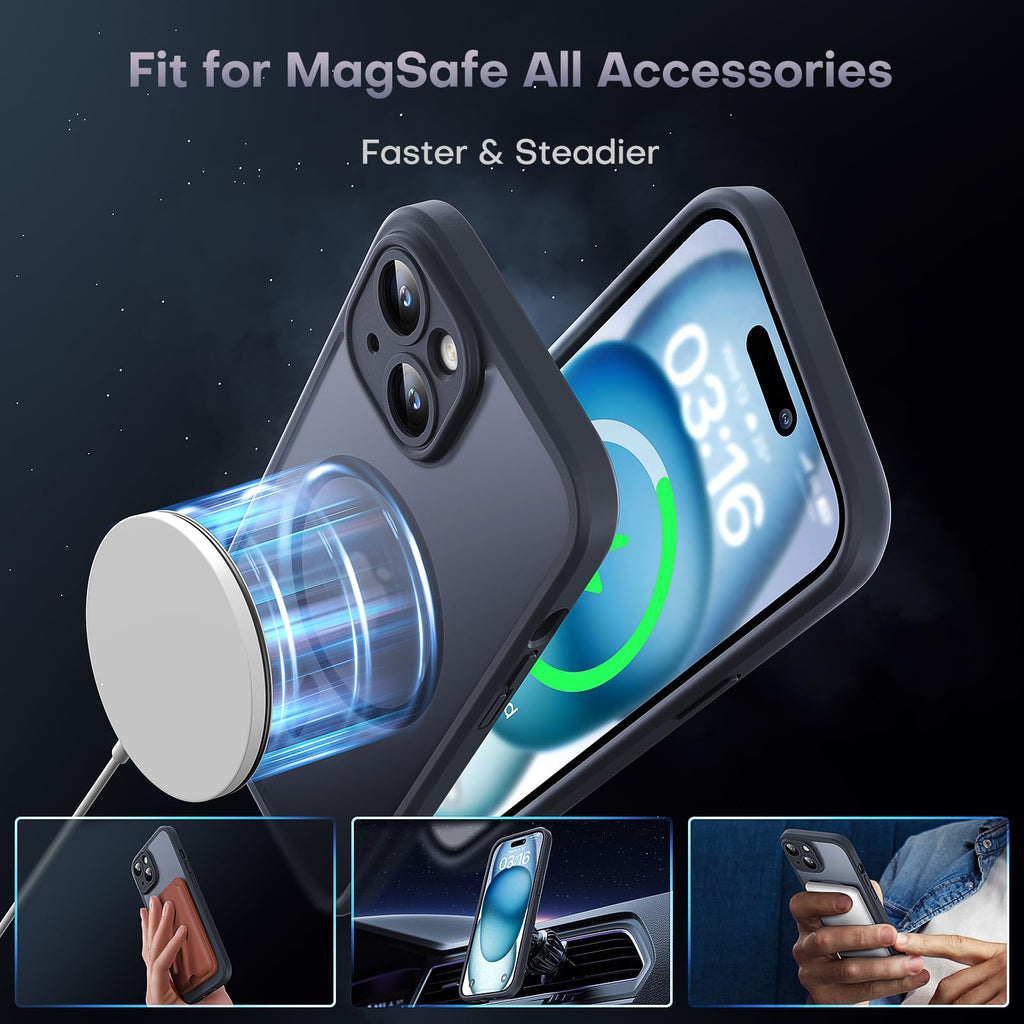TOCOL Magnetic for iPhone 15 Case, Upgraded Full Camera Protection, Compatible with Magsafe, Drop Protection, Translucent Matte Back Bumper Phone Cover 6.1-Inch（Matte Black）