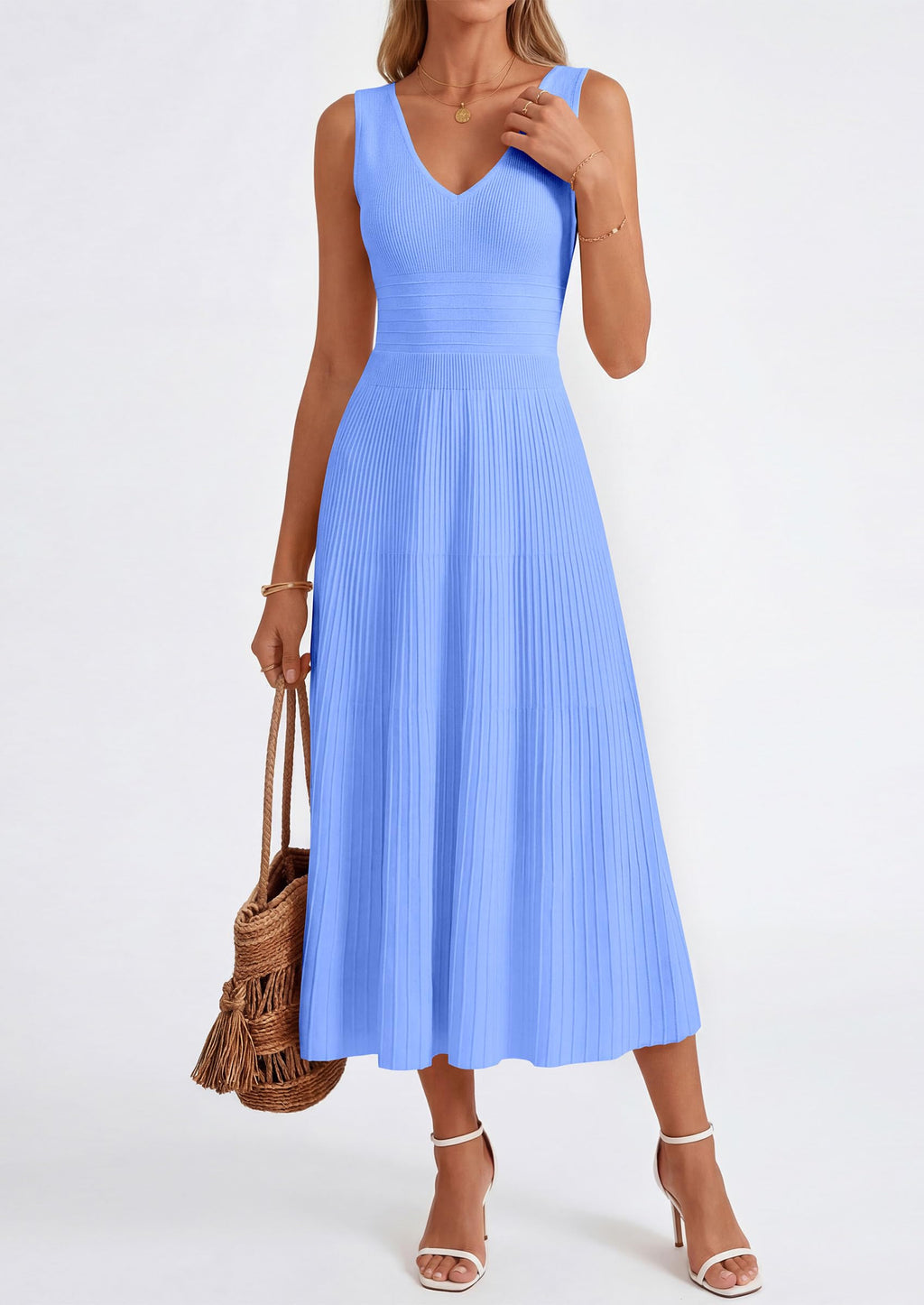 PRETTYGARDEN Summer Dresses for Women 2026 Spring Casual Sleeveless V Neck Pleated Midi Work Cocktail Wedding Guest Dress(Light Blue,Large)