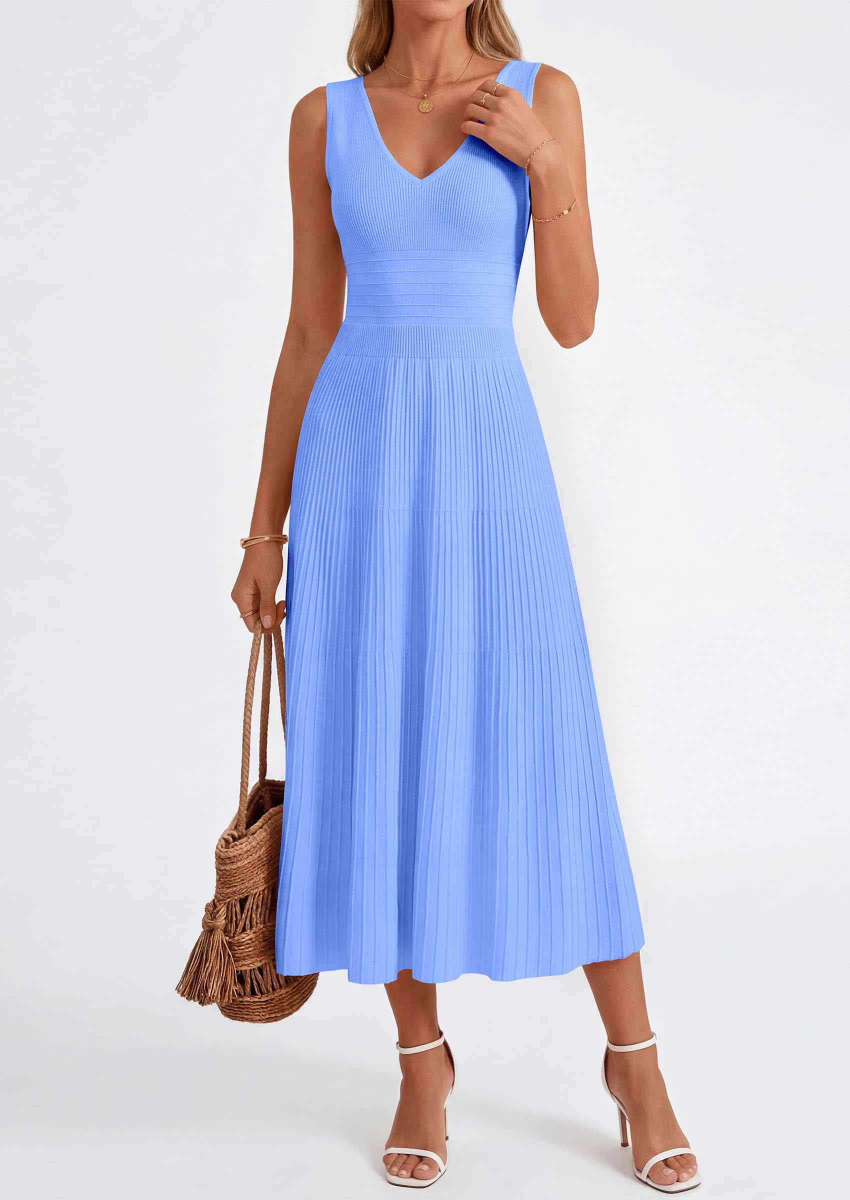 PRETTYGARDEN Summer Dresses for Women 2026 Spring Casual Sleeveless V Neck Pleated Midi Work Cocktail Wedding Guest Dress(Light Blue,Large)