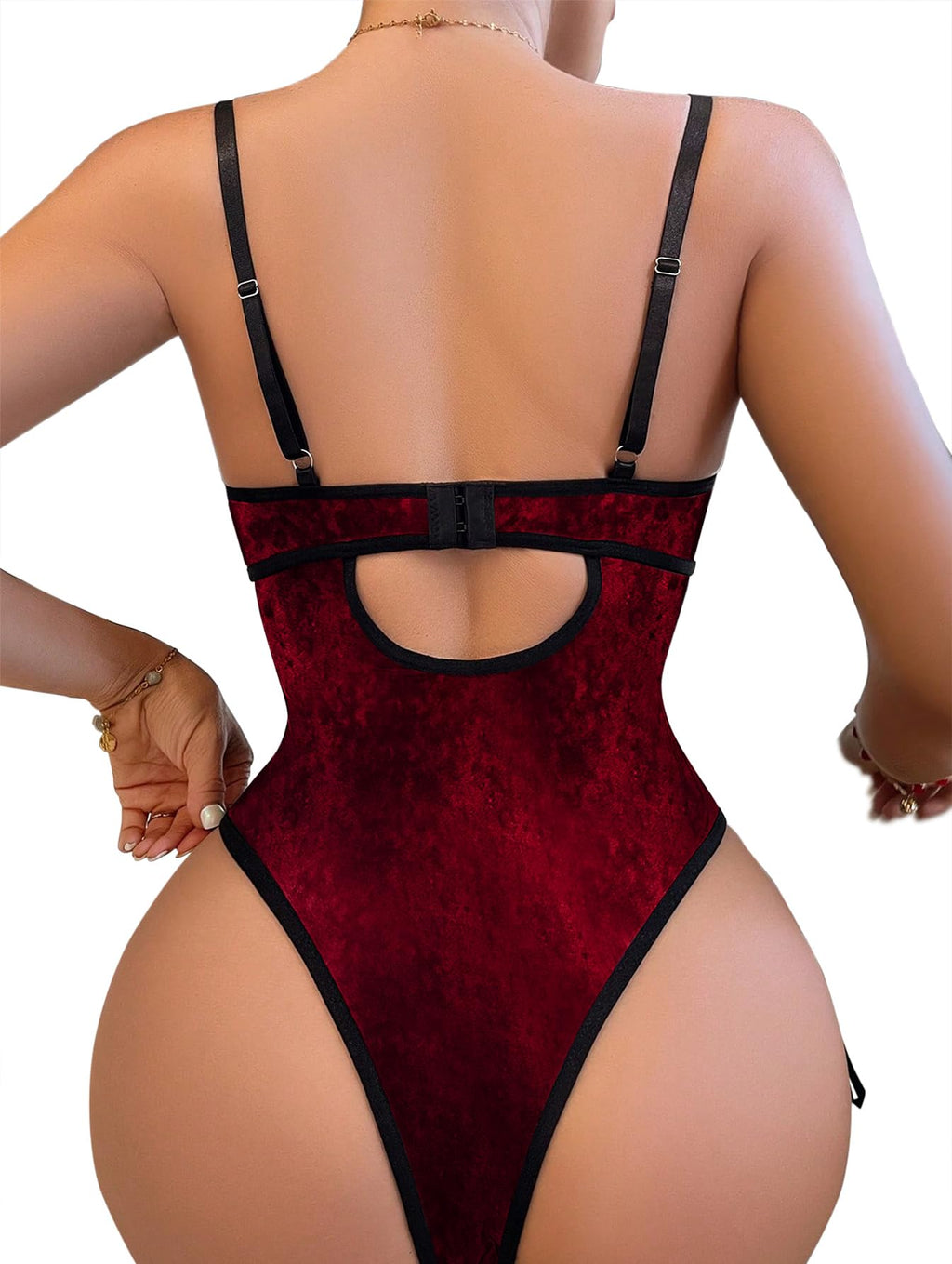 Lilosy Petite Sexy Lace Up Floral Garter Underwire Teddy Bodysuit Lingerie Belt Women Top One Piece Red Velvet 2X-Small