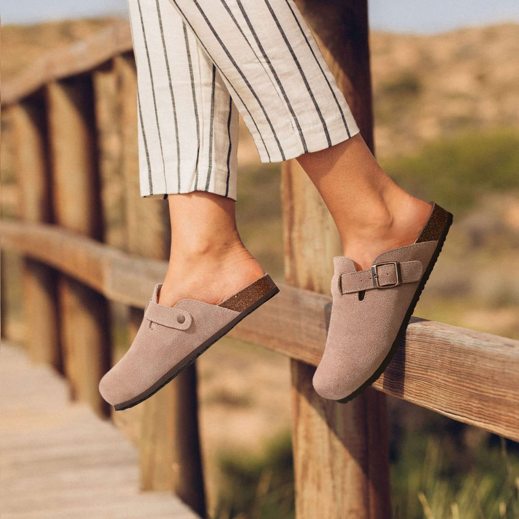 KIDMI Genuine Suede Clogs for Women Cork Footbed Sandals Leather Mules Potato Shoes with Arch Support Taupe 40 (Size 8.5)