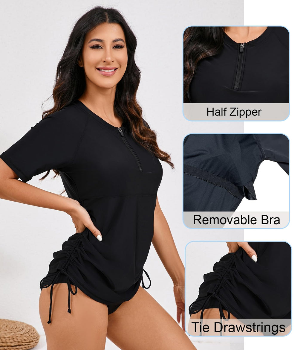 Halcurt Women's Short Sleeve Rash Guard Swim Shirt with Bra Half Zip Tie Drawstring UPF50+ Swimsuit Top Black L