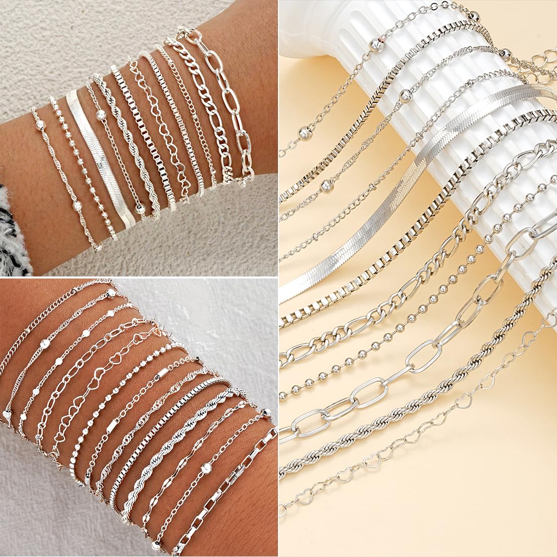IFNODO 47pcs Silver Jewelry Set With 3 PCS Necklace, 11 PCS Bracelet,20pcs Hoop Stud Earrings,7pcs rings set For Women For Birthday Gifts